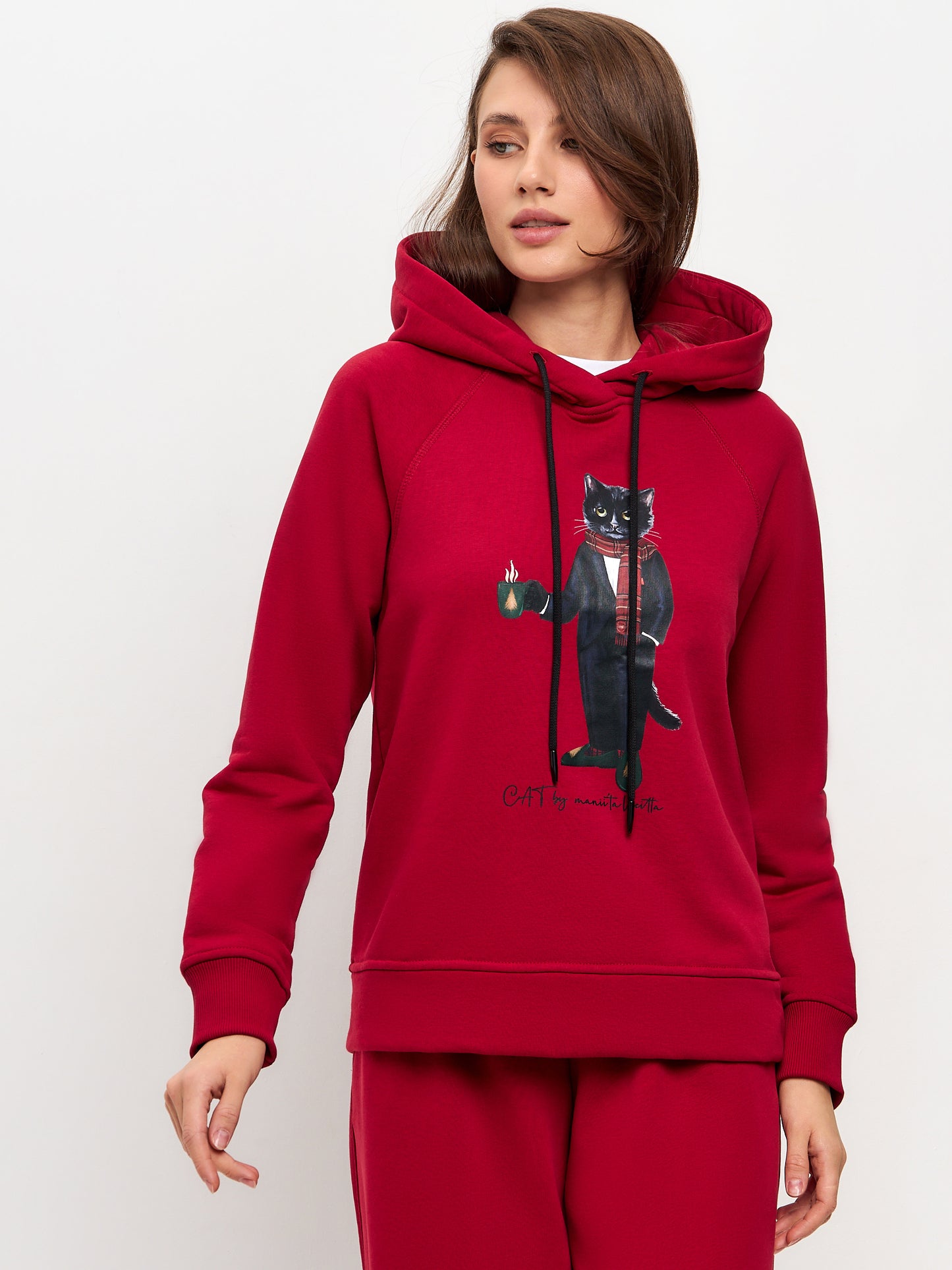 Sudadera con capucha roja estampada NEW YEAR CAT