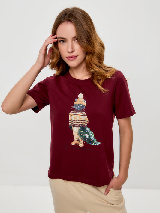 Red Printed T-shirt CHRISTMAS CAT