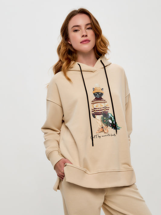 Sudadera con capucha oversize estampada beige CHRISTMAS CAT