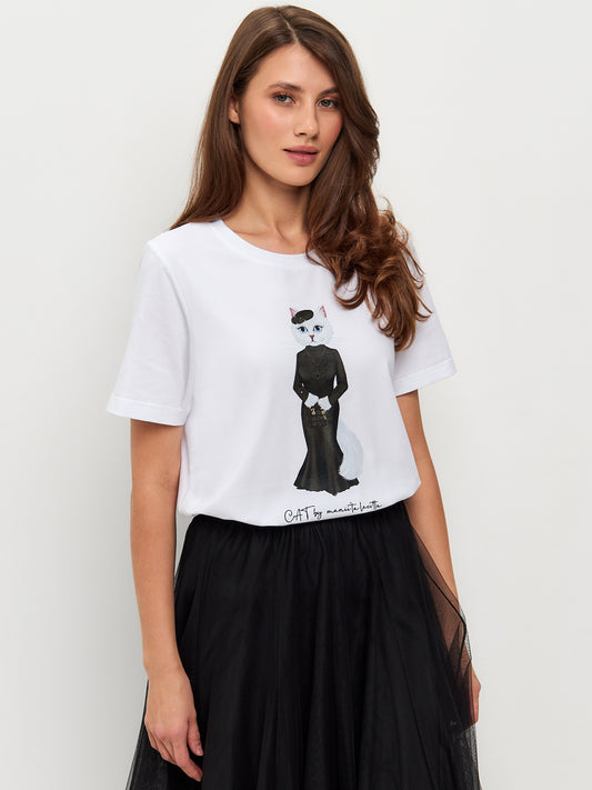 White Printed T-shirt  CAT IN BLACK