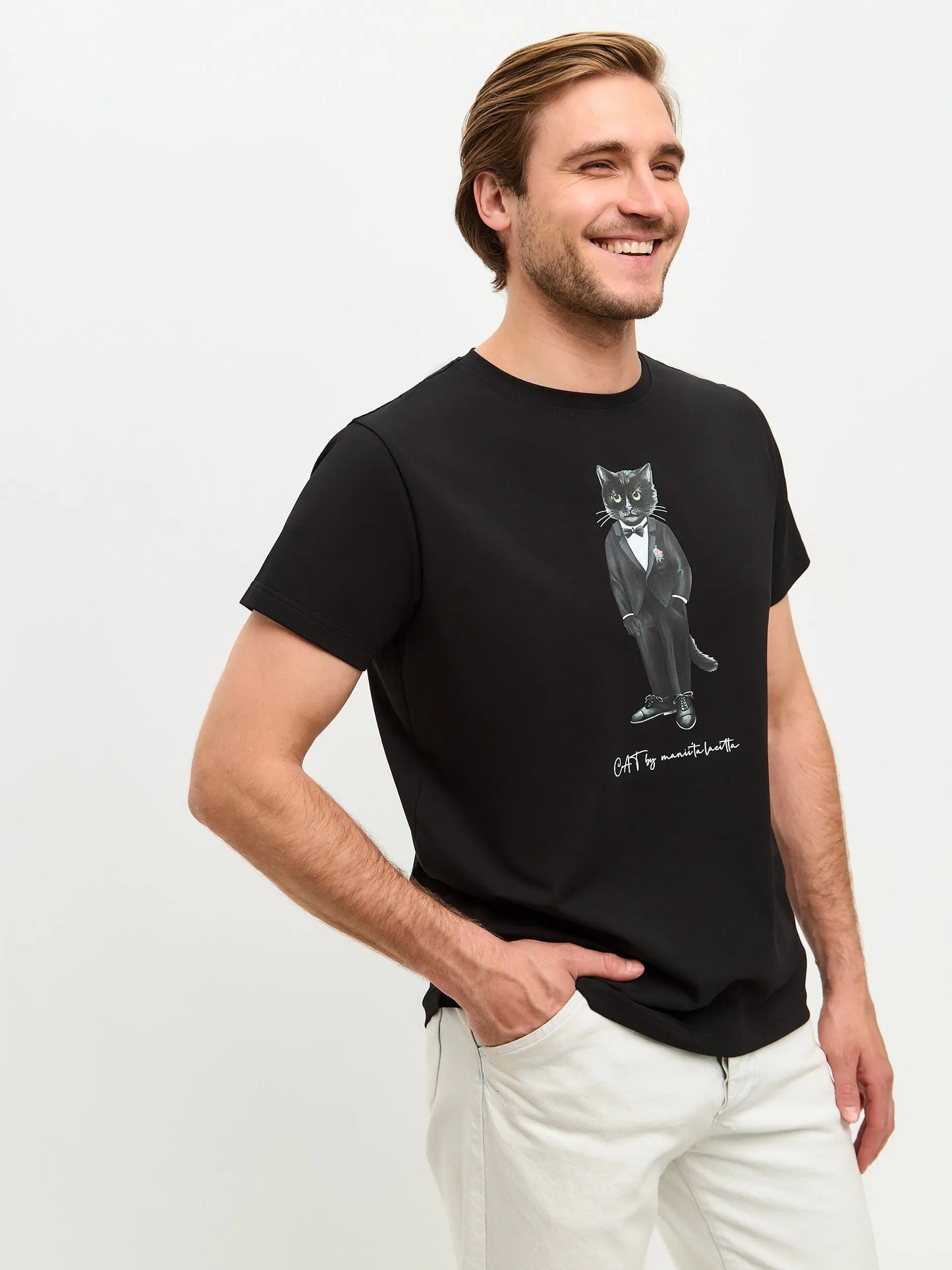 Black Printed T-shirt GROOM CAT - maniita lacitta