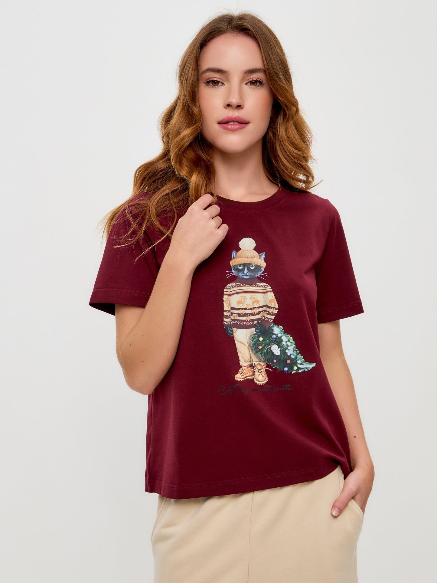 Red Printed T-shirt CHRISTMAS CAT