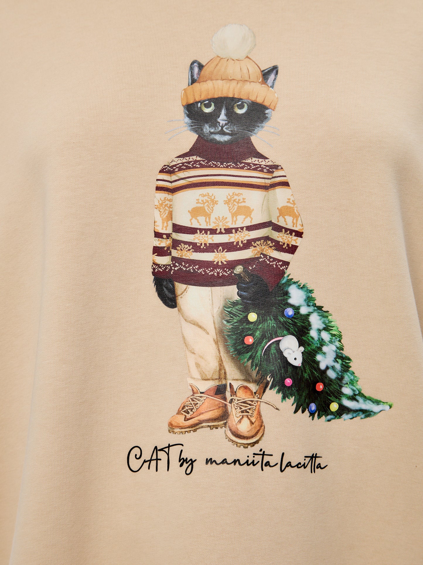 Beige Printed Oversized Hoodie CHRISTMAS CAT