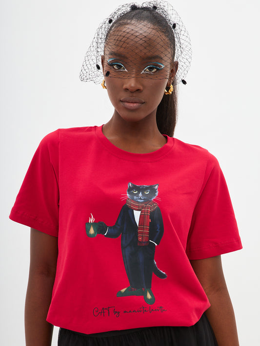 Red Printed T-shirt NEW YEAR CAT