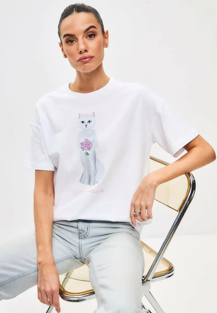 White Printed T-shirt BRIDE CAT Maniita Lacitta.