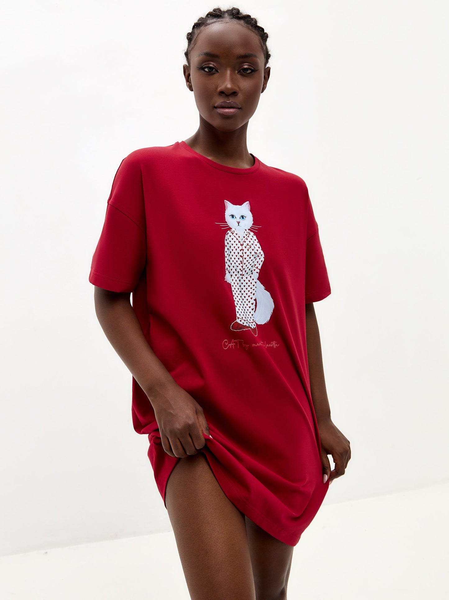 Red Printed oversized T-shirt PAJAMA CAT