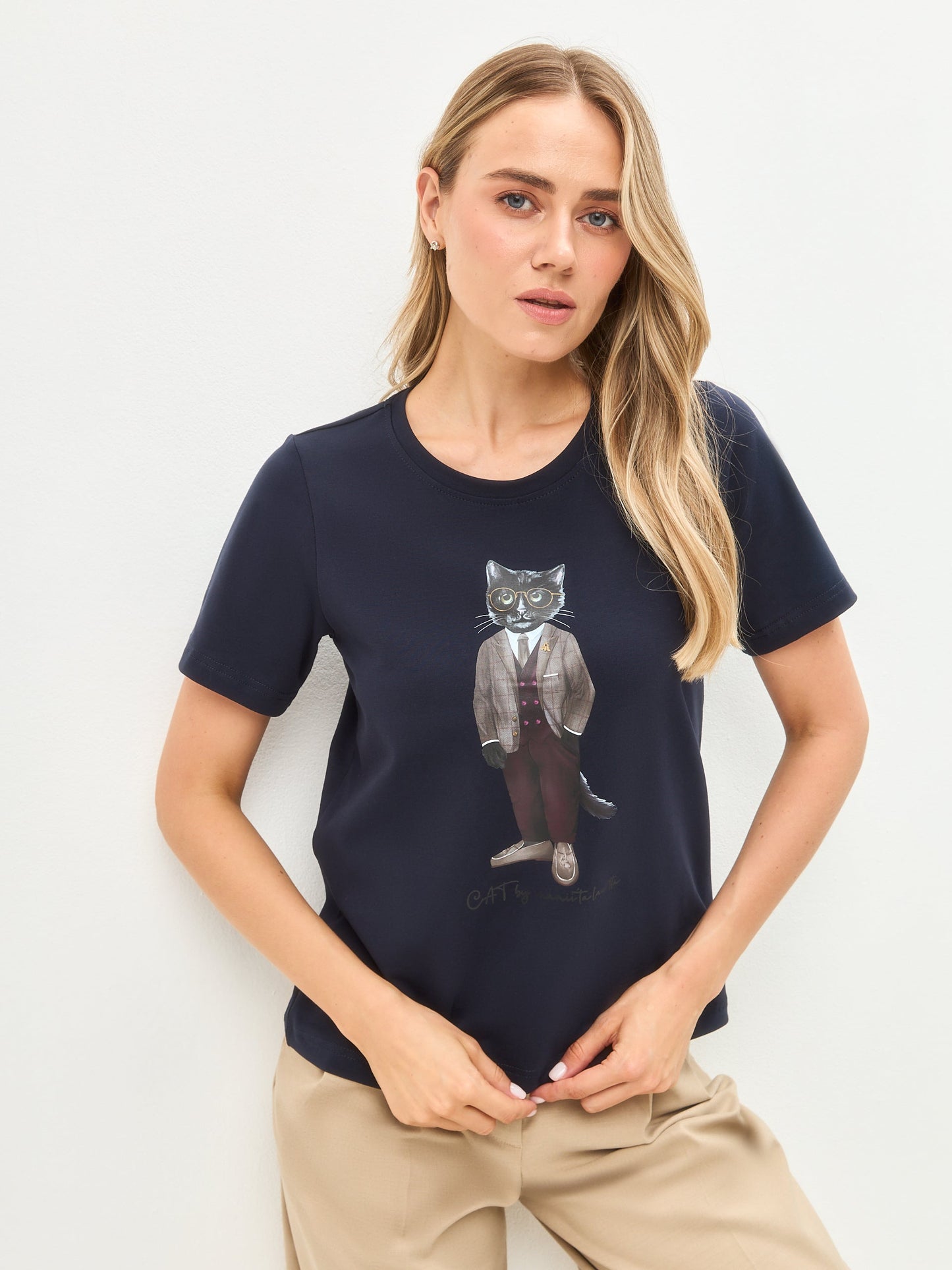 Blue Printed T-shirt PROFESSOR CAT - maniita lacitta