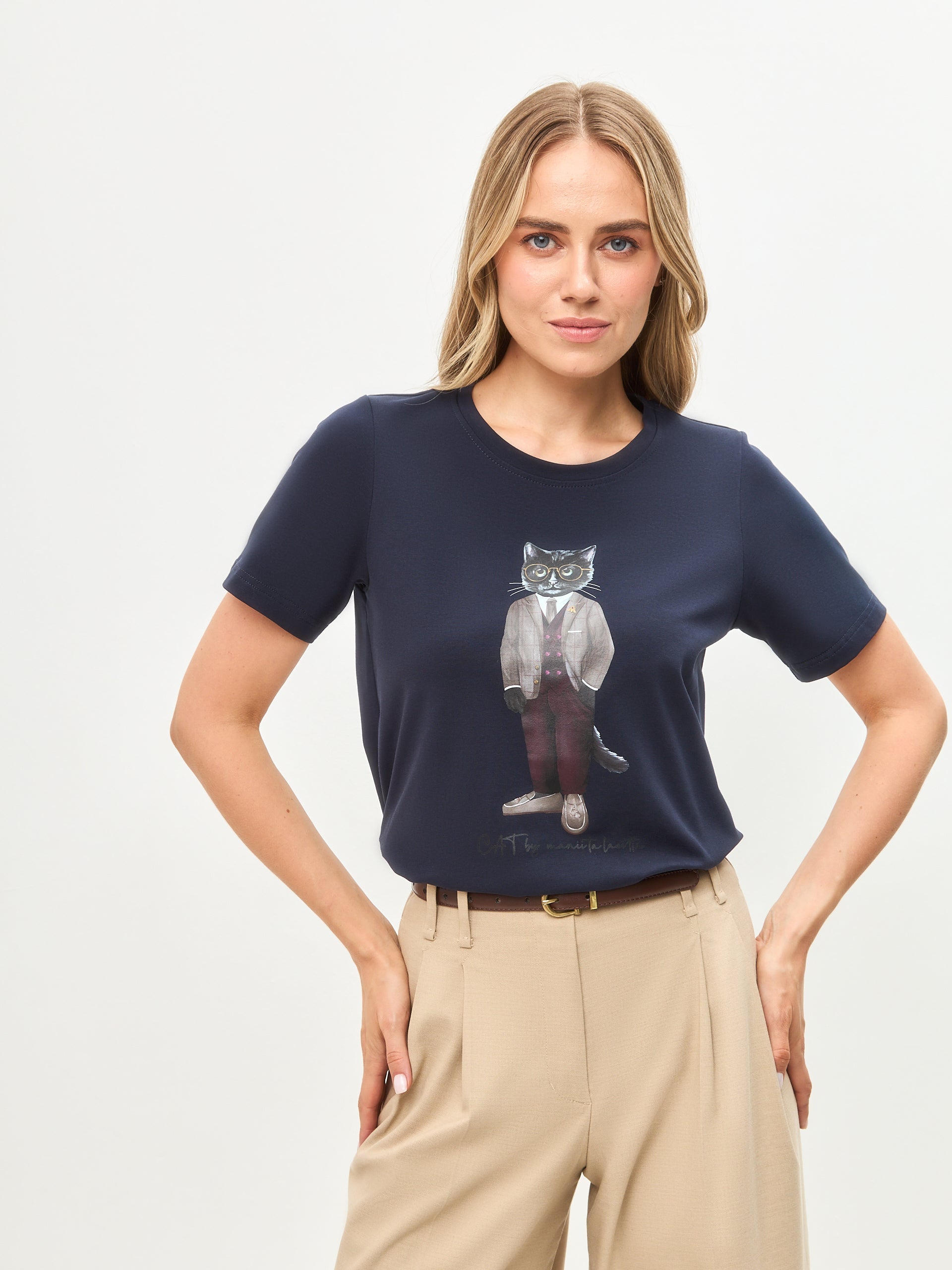 Blue Printed T-shirt PROFESSOR CAT - maniita lacitta