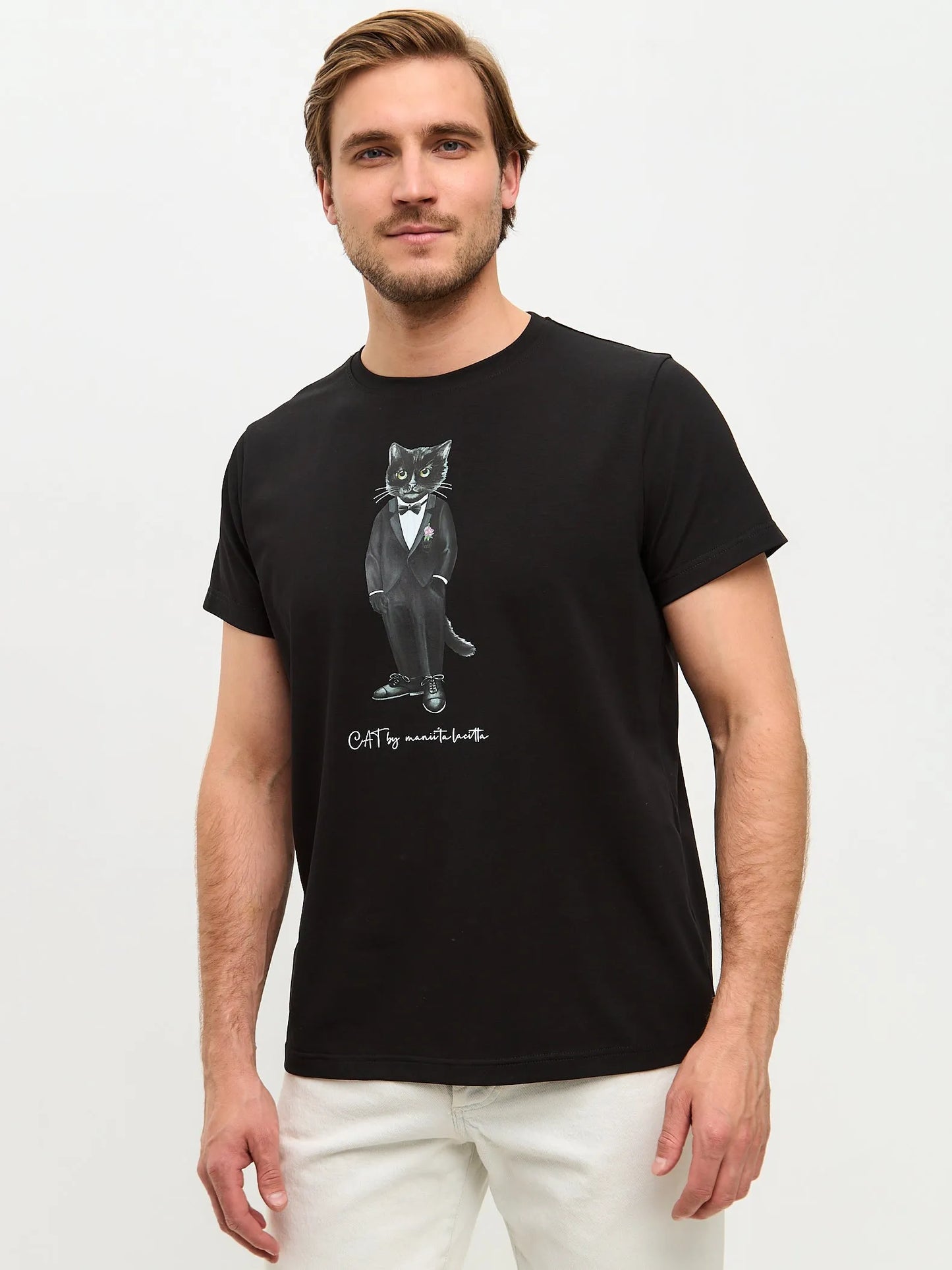 Black Printed T-shirt GROOM CAT - maniita lacitta