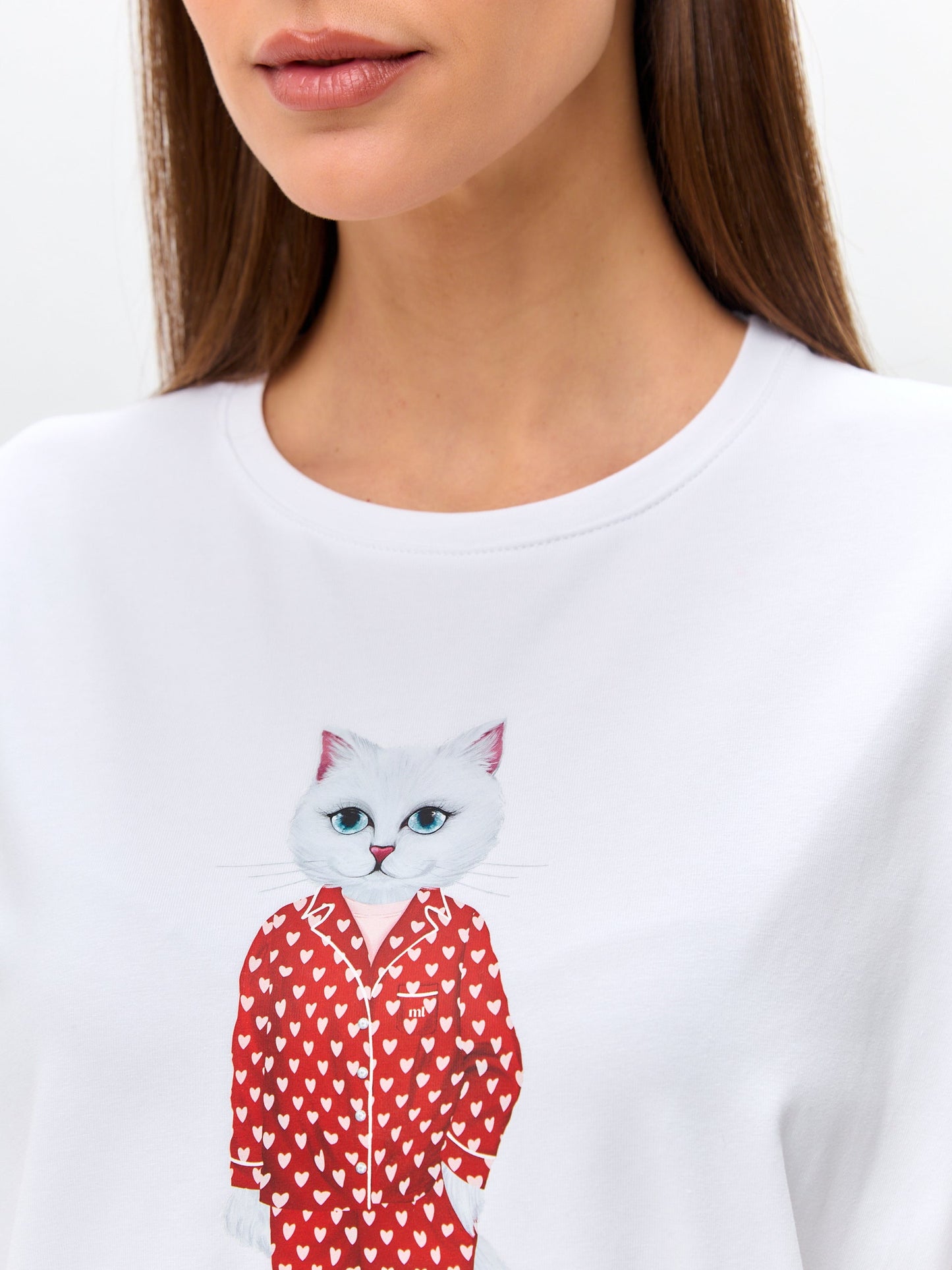 White Printed oversized T-shirt PAJAMA CAT