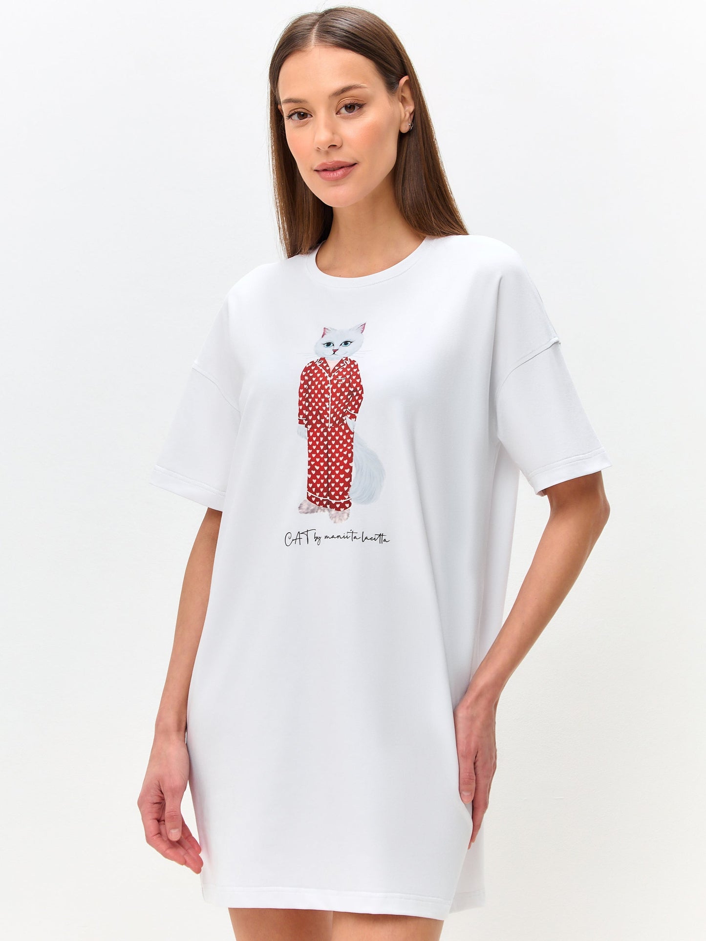 White Printed oversized T-shirt PAJAMA CAT