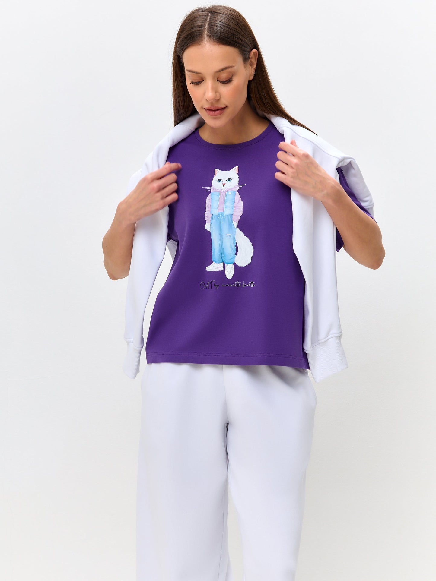 Purple Printed T-shirt WALKING CAT