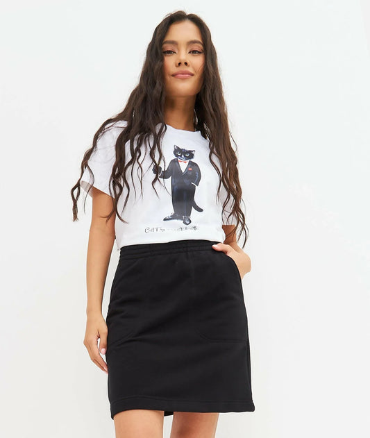 BASIC set: women's white t-shirt and skirt with Cat print Dandy Cat - Maniita Lacitta