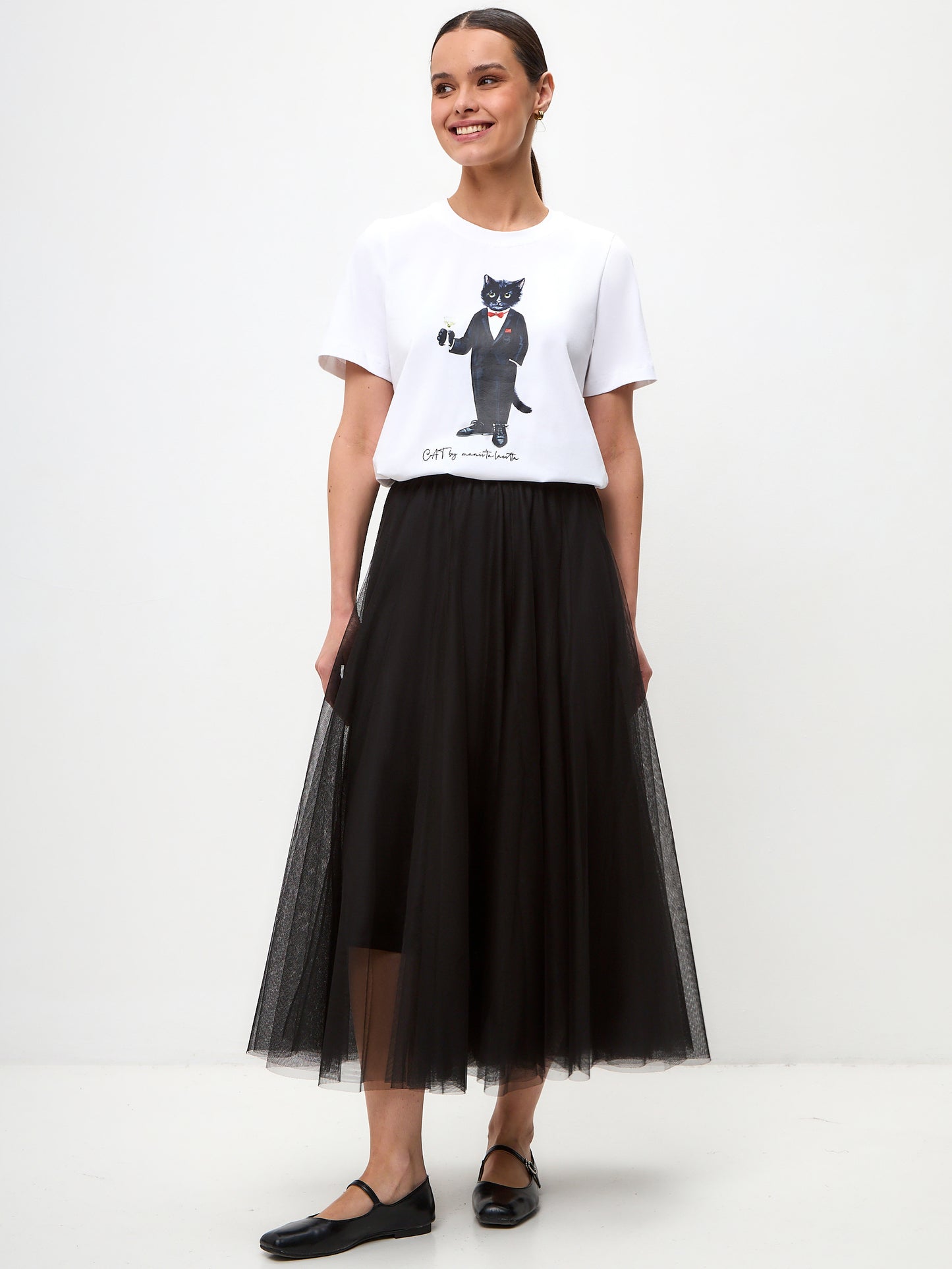 BASIC set: women's white T-shirt with a DANDY Cat and black tulle maxi skirt - Maniita Lacitta