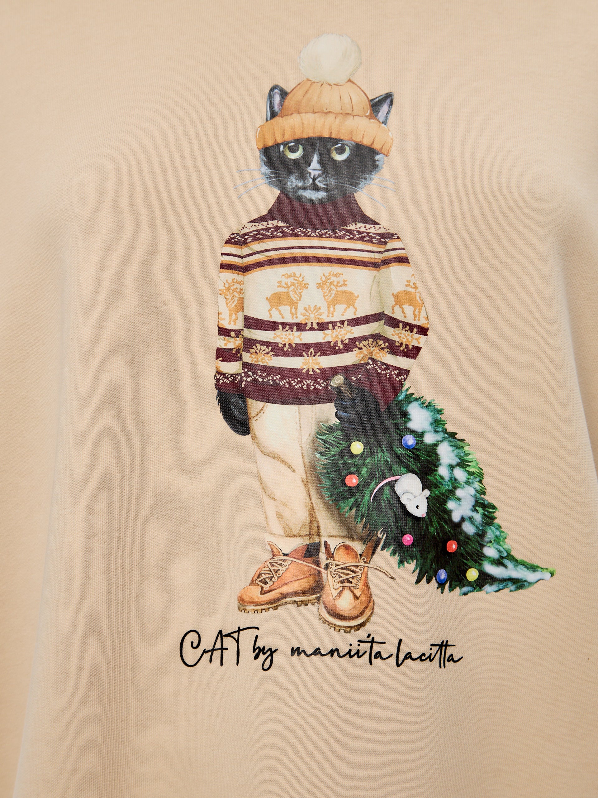 Beige Printed Oversized Hoodie CHRISTMAS CAT - Maniita Lacitta