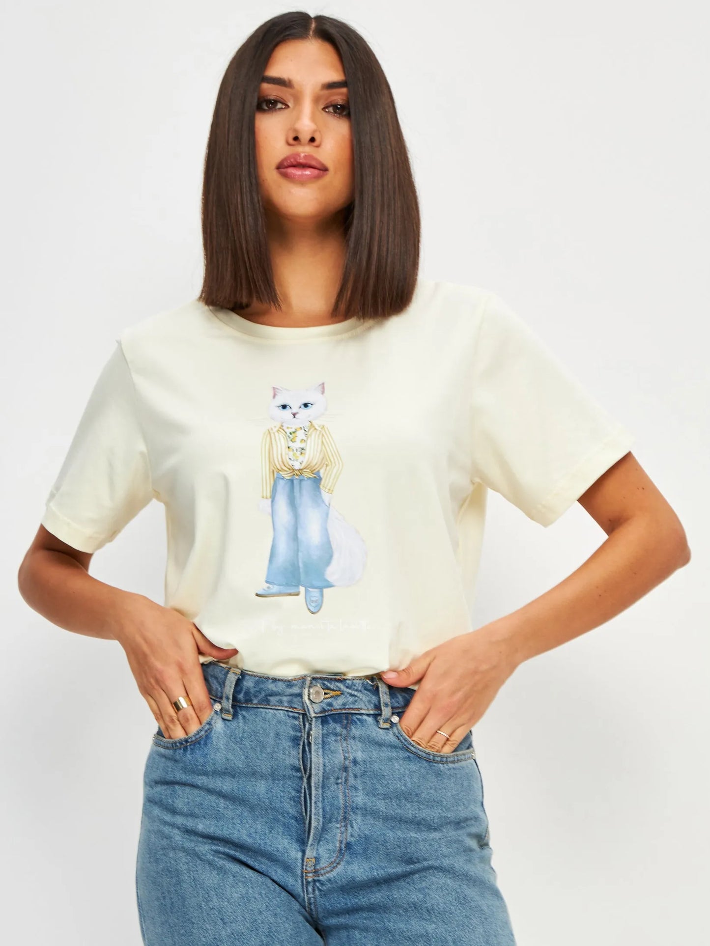 Beige Printed T-shirt LEMON CAT - maniita lacitta