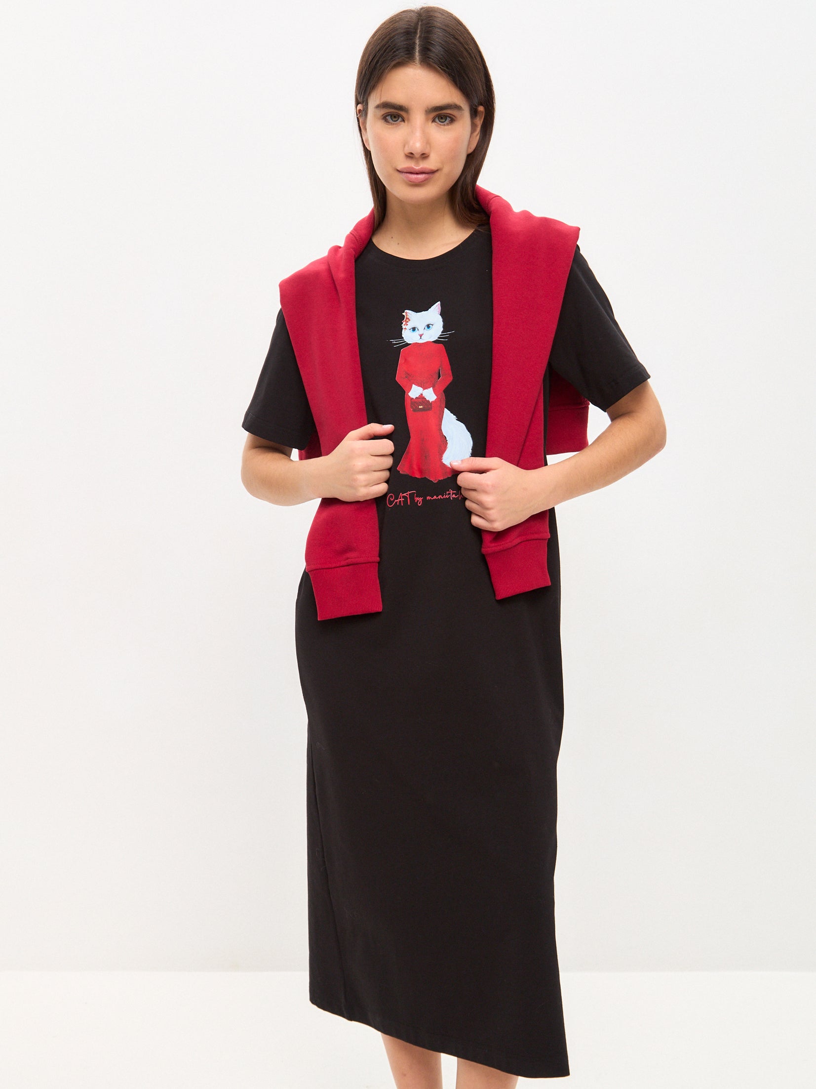 Black Printed Dress CAT IN RED - Maniita Lacitta