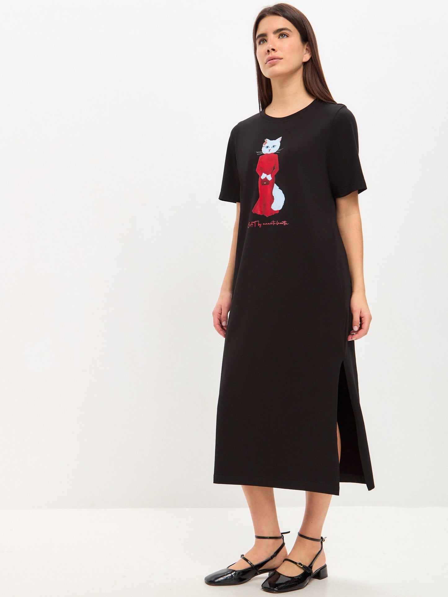 Black Printed Dress CAT IN RED - Maniita Lacitta