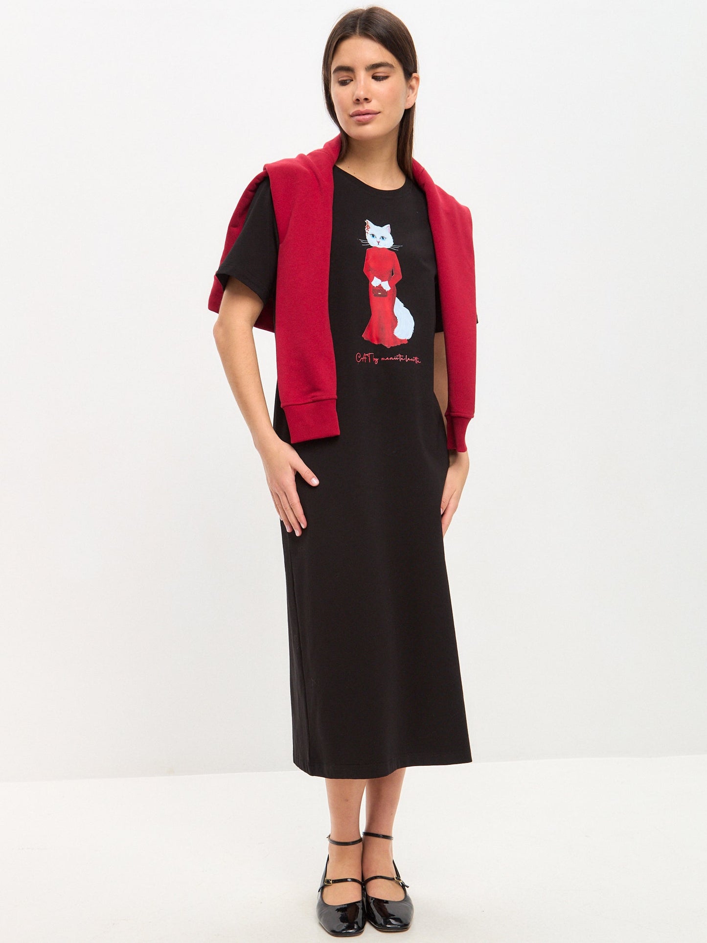 Black Printed Dress CAT IN RED - Maniita Lacitta