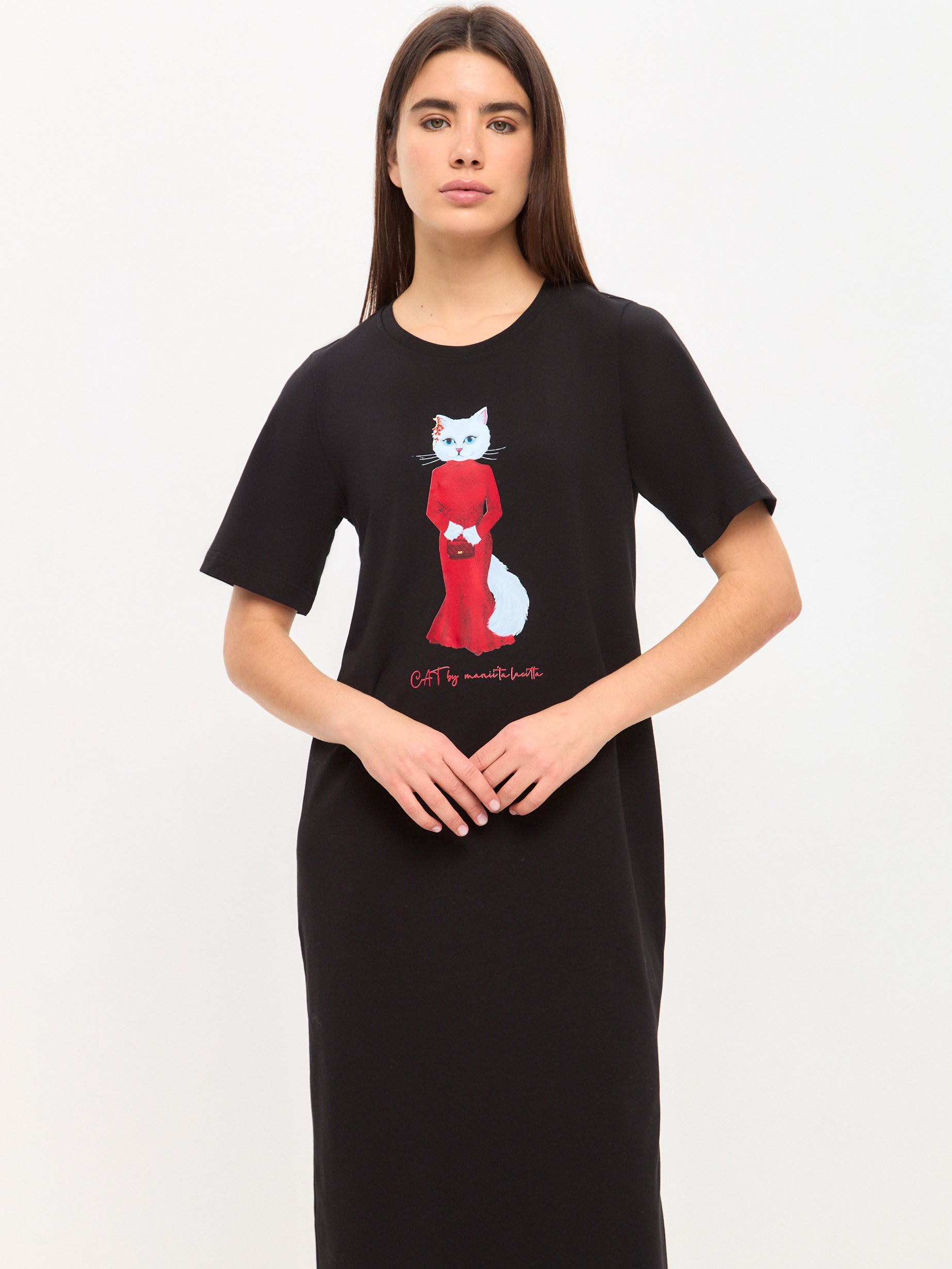 Black Printed Dress CAT IN RED - Maniita Lacitta