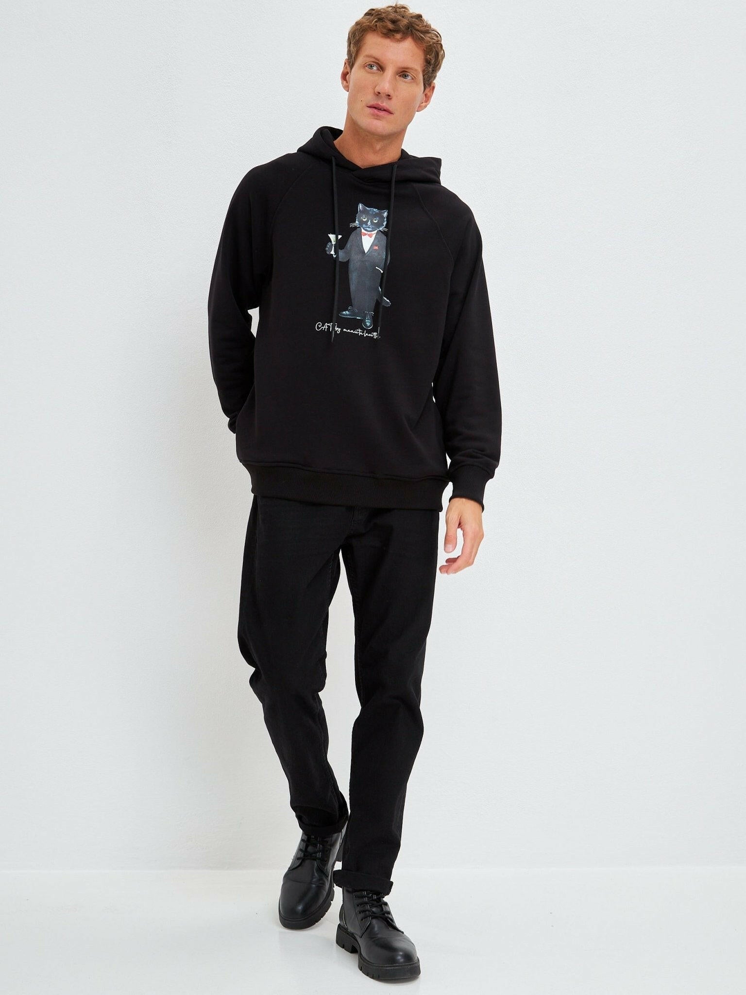 Black Printed Hoodie DANDY CAT - Maniita Lacitta