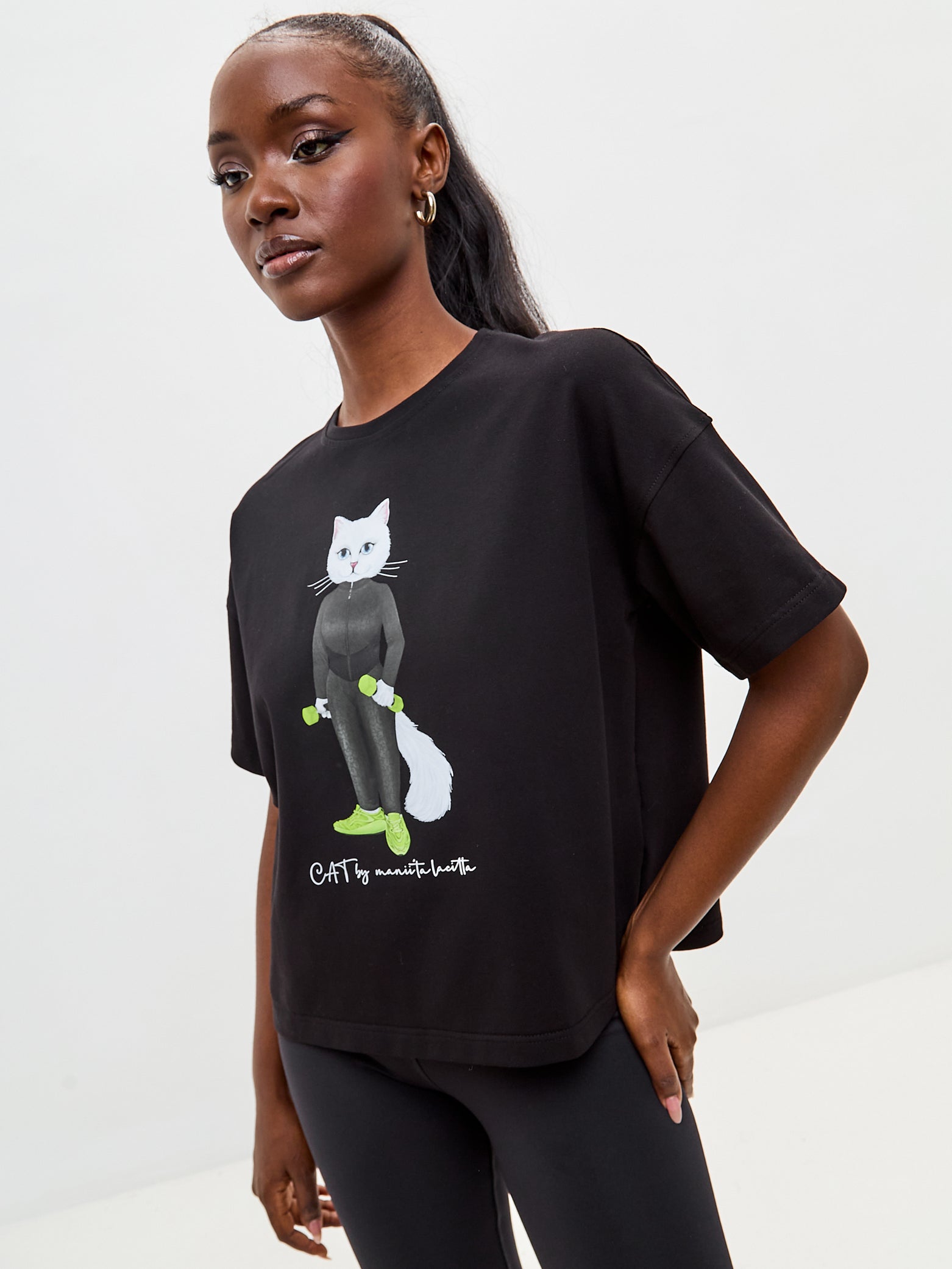 Black Printed short oversized T-shirt SPORT CAT - Maniita Lacitta