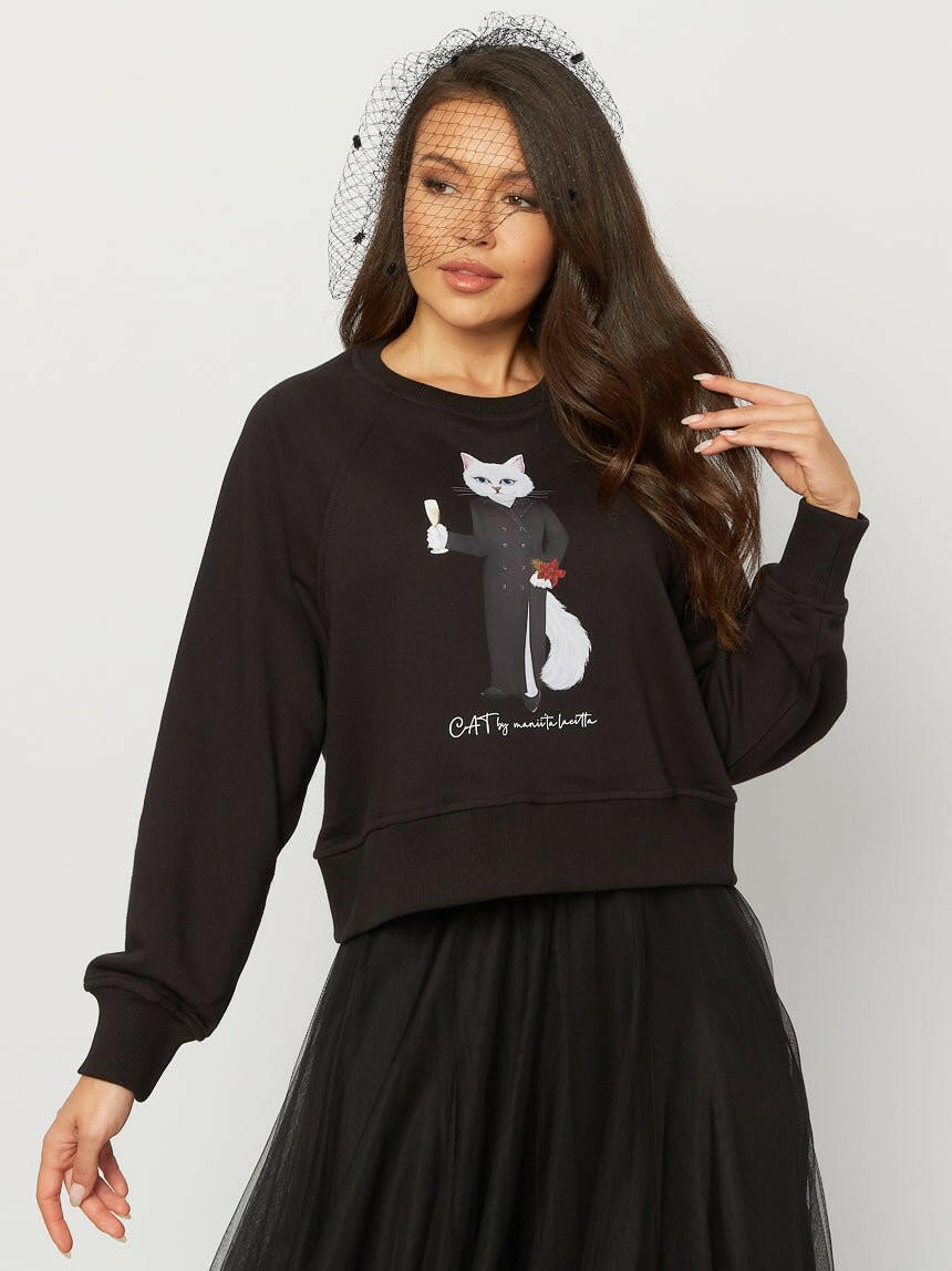 Black Printed Sweatshirt CHRISTMAS WHITE CAT - Maniita Lacitta