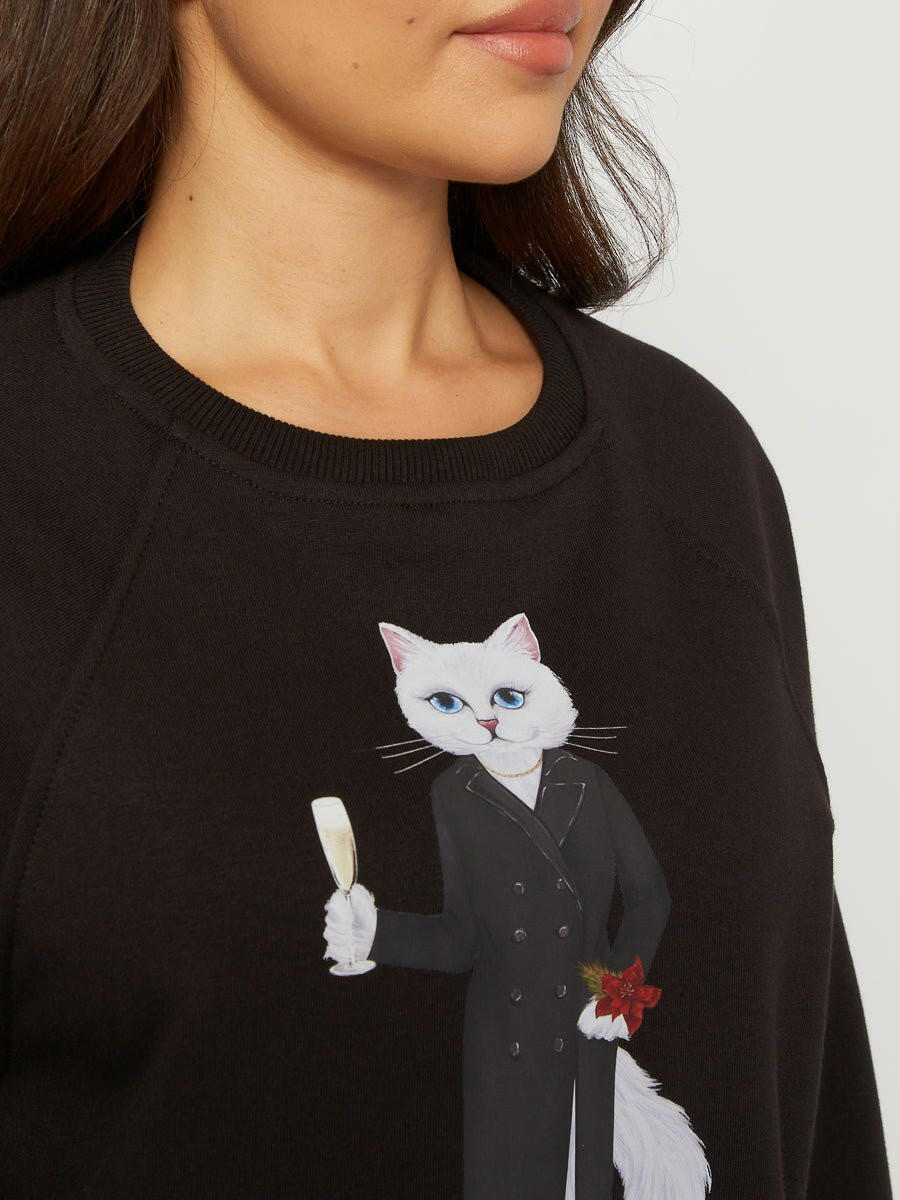 Black Printed Sweatshirt CHRISTMAS WHITE CAT - Maniita Lacitta