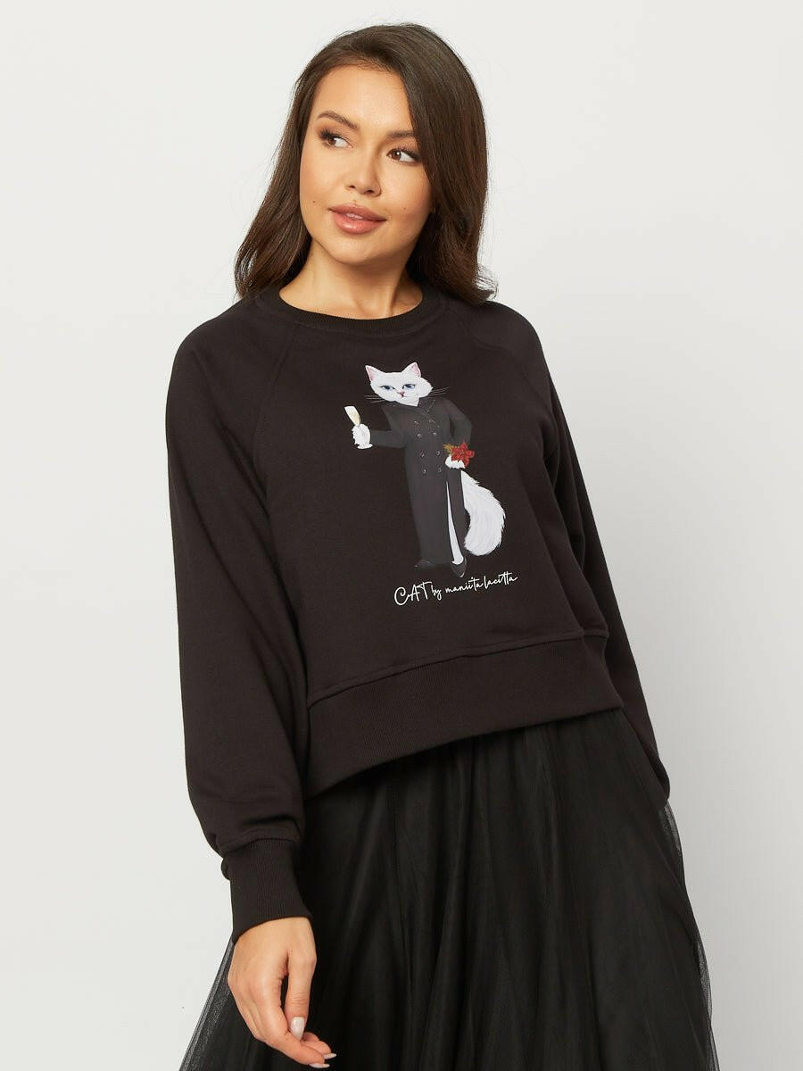 Black Printed Sweatshirt CHRISTMAS WHITE CAT - Maniita Lacitta