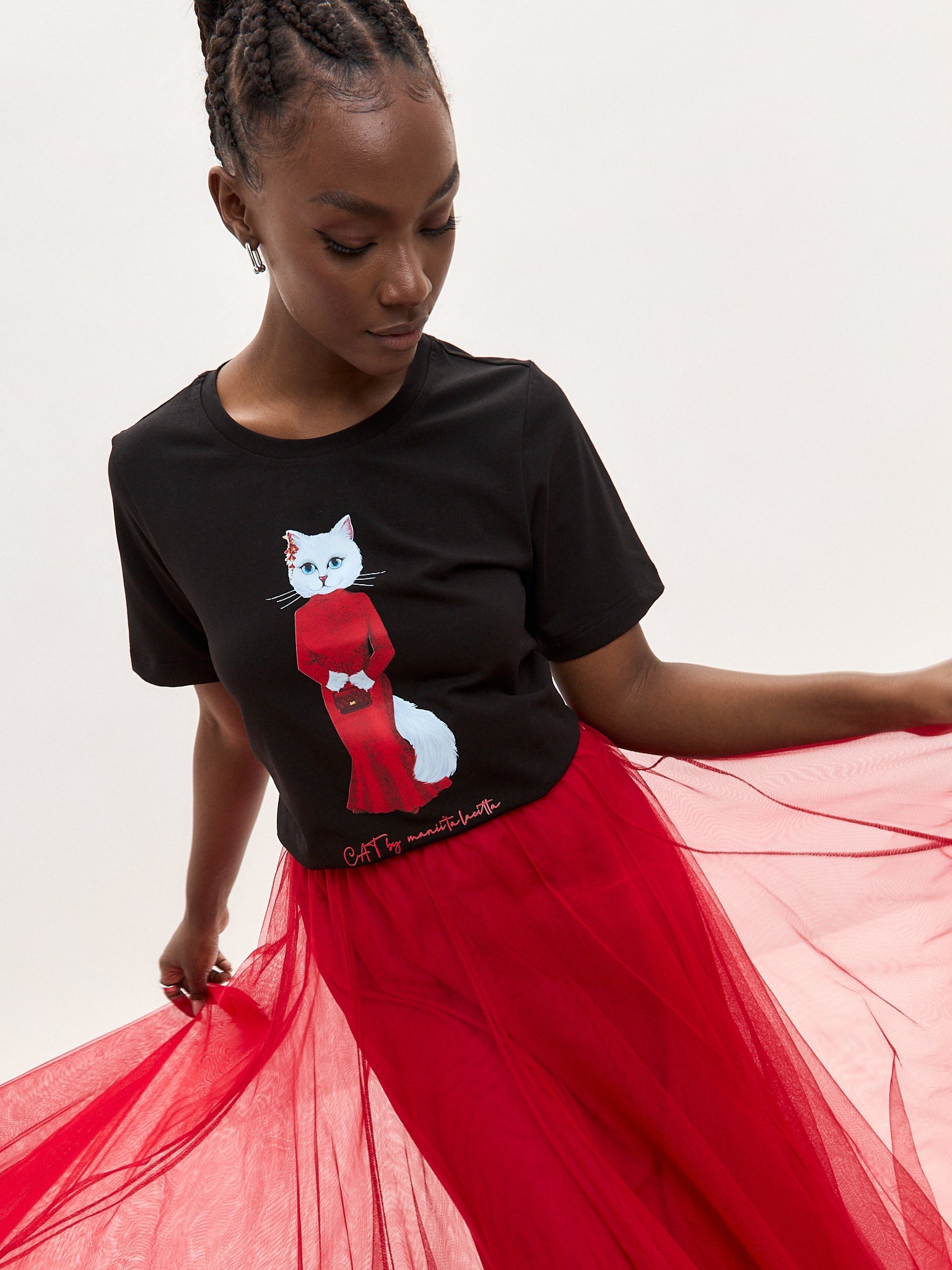 Black Printed T-shirt CAT IN RED - Maniita Lacitta