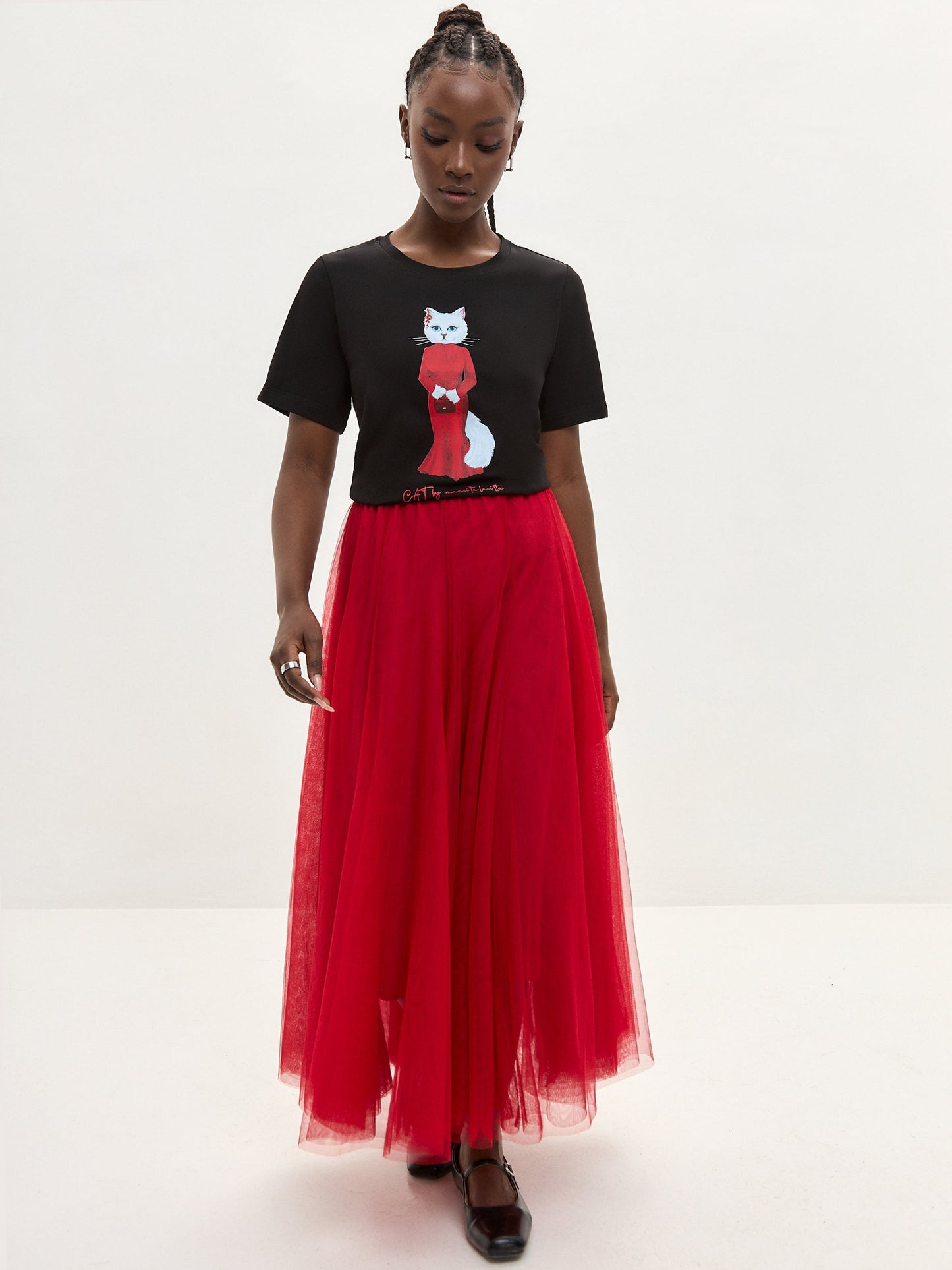 Black Printed T-shirt CAT IN RED - Maniita Lacitta