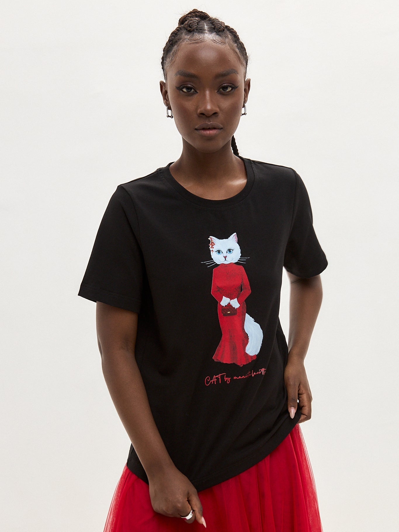 Black Printed T-shirt CAT IN RED - Maniita Lacitta