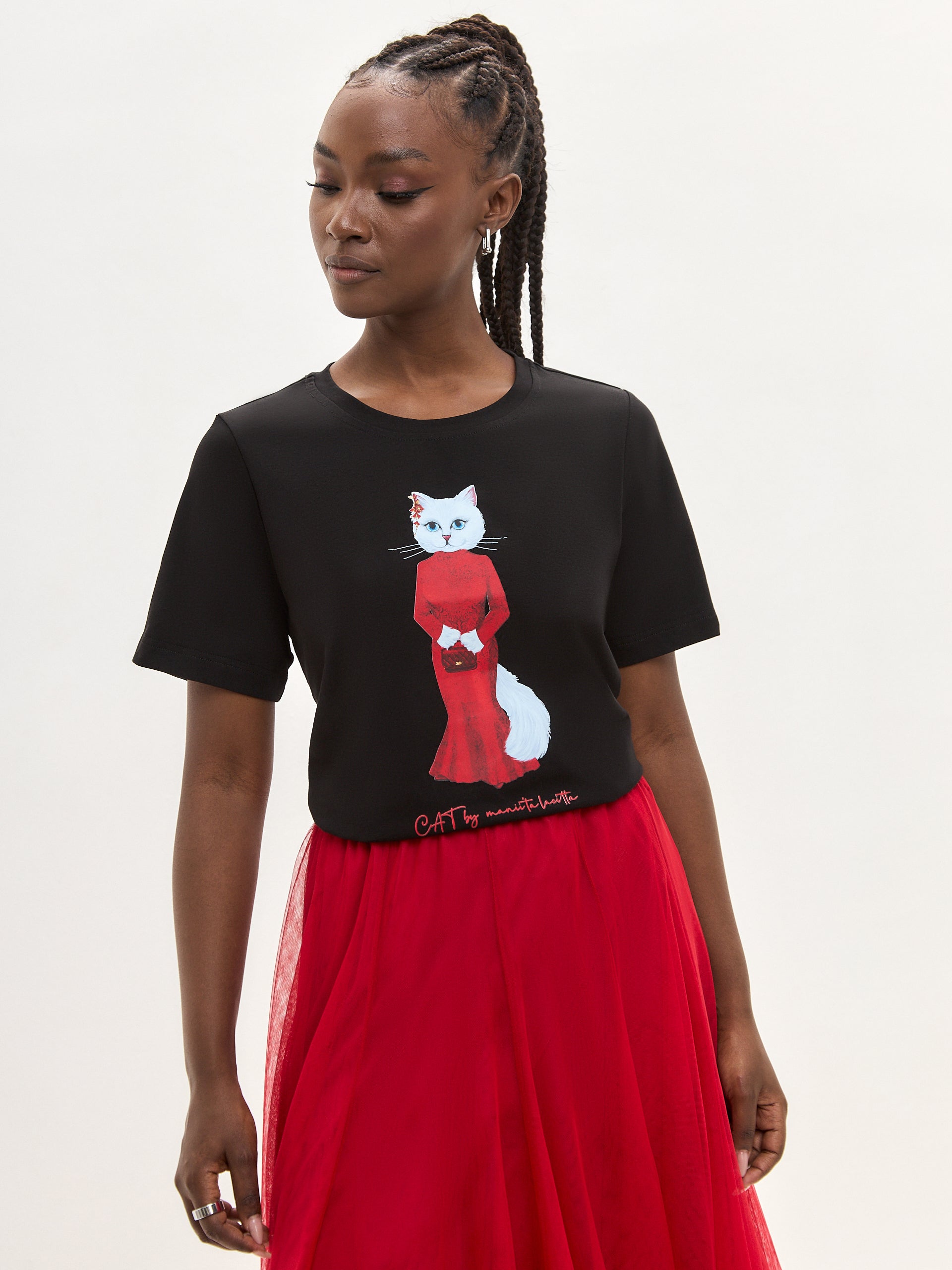 Black Printed T-shirt CAT IN RED - Maniita Lacitta