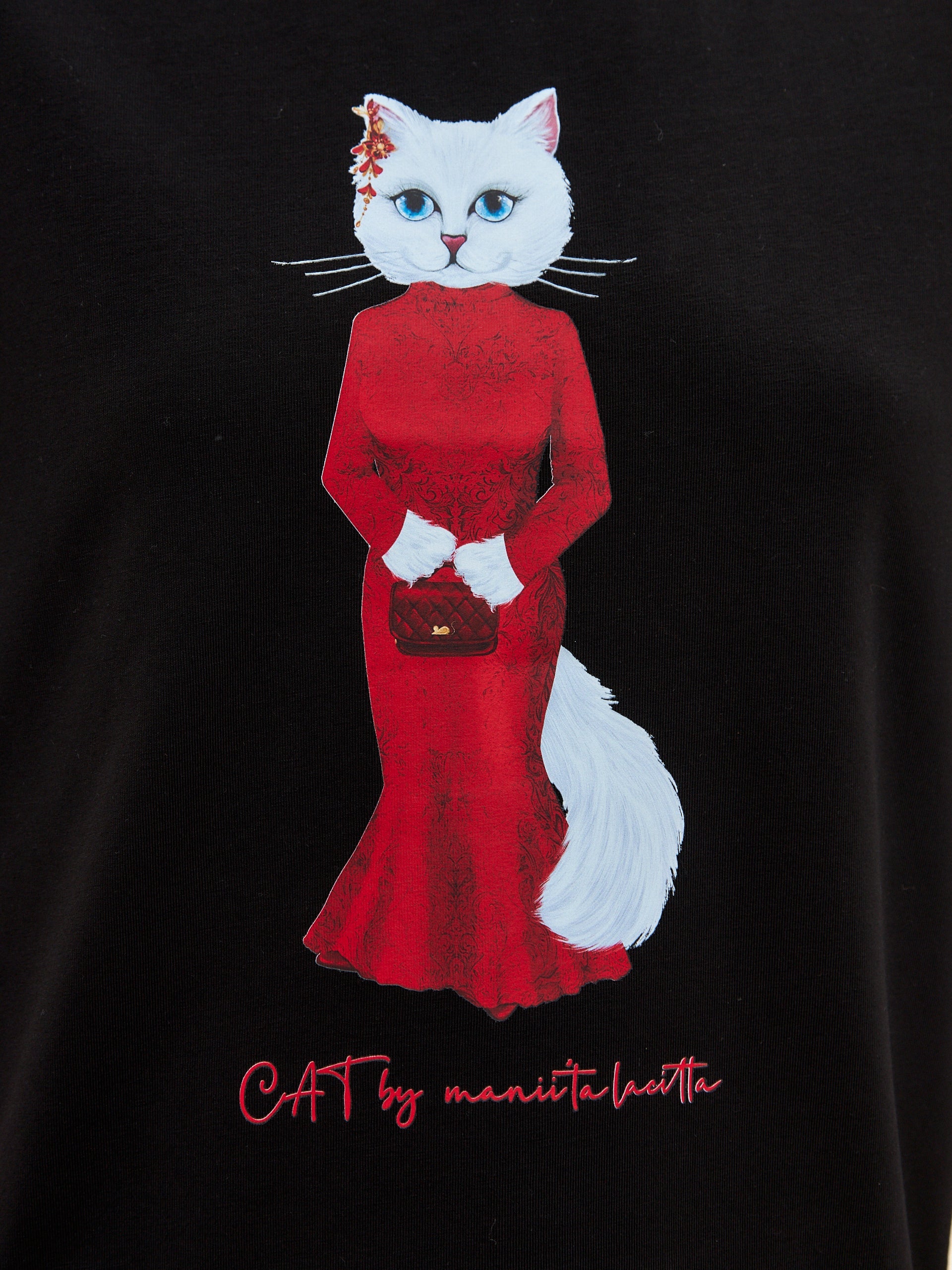 Black Printed T-shirt CAT IN RED - Maniita Lacitta