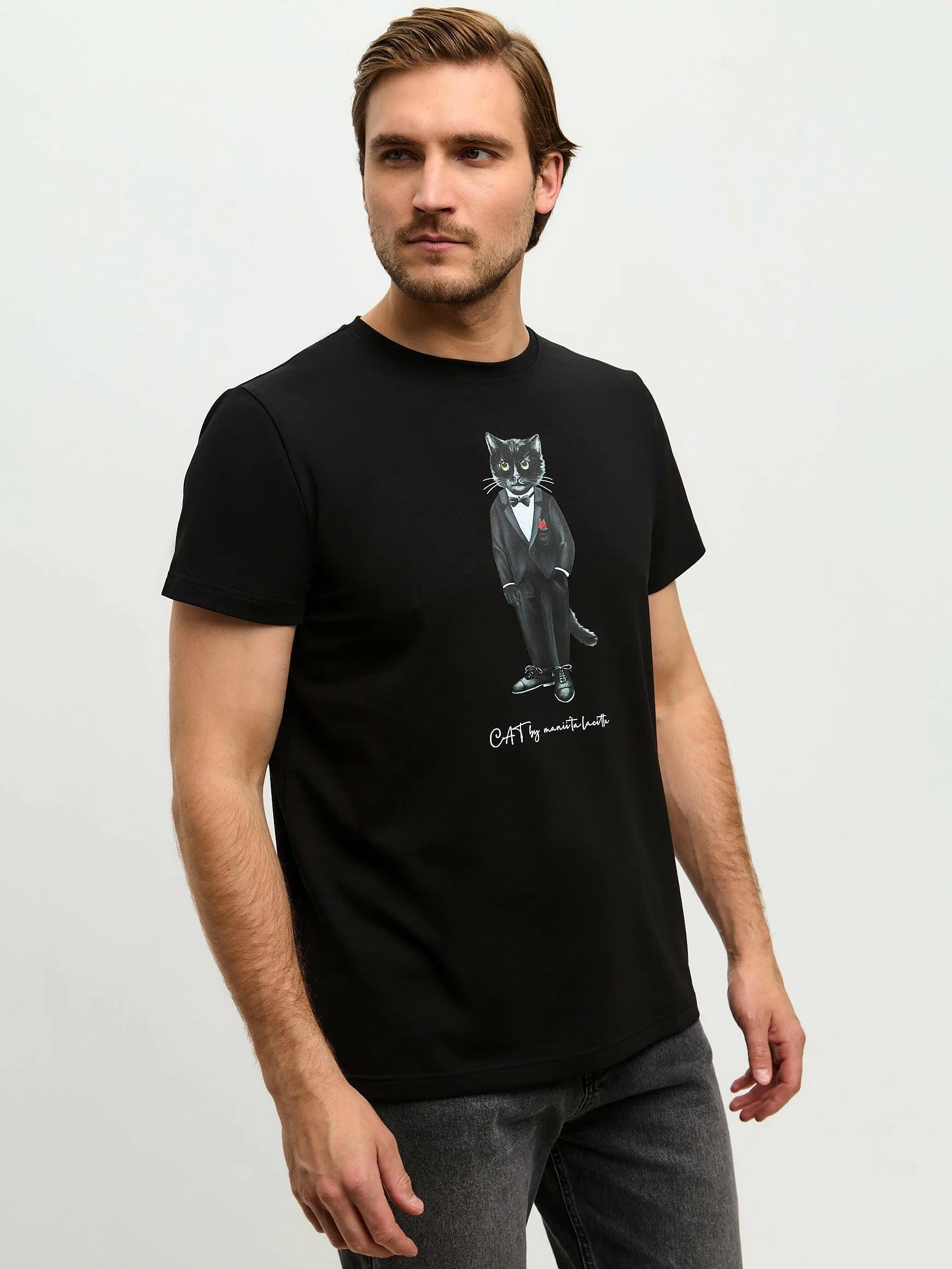 Black Printed T-shirt GROOM CAT Maniita Lacitta.