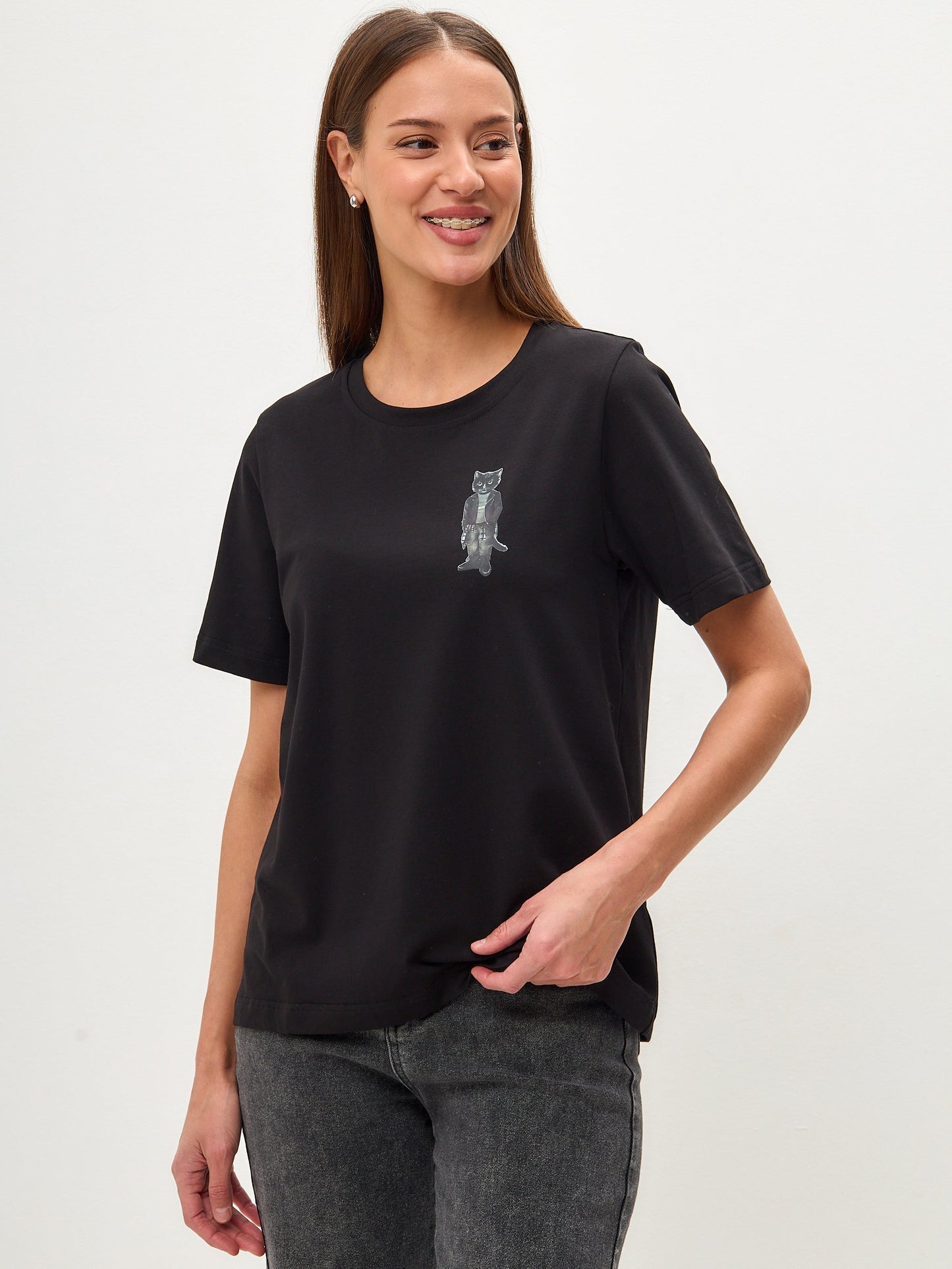 Black Printed T-shirt ROCKER CAT - Maniita Lacitta