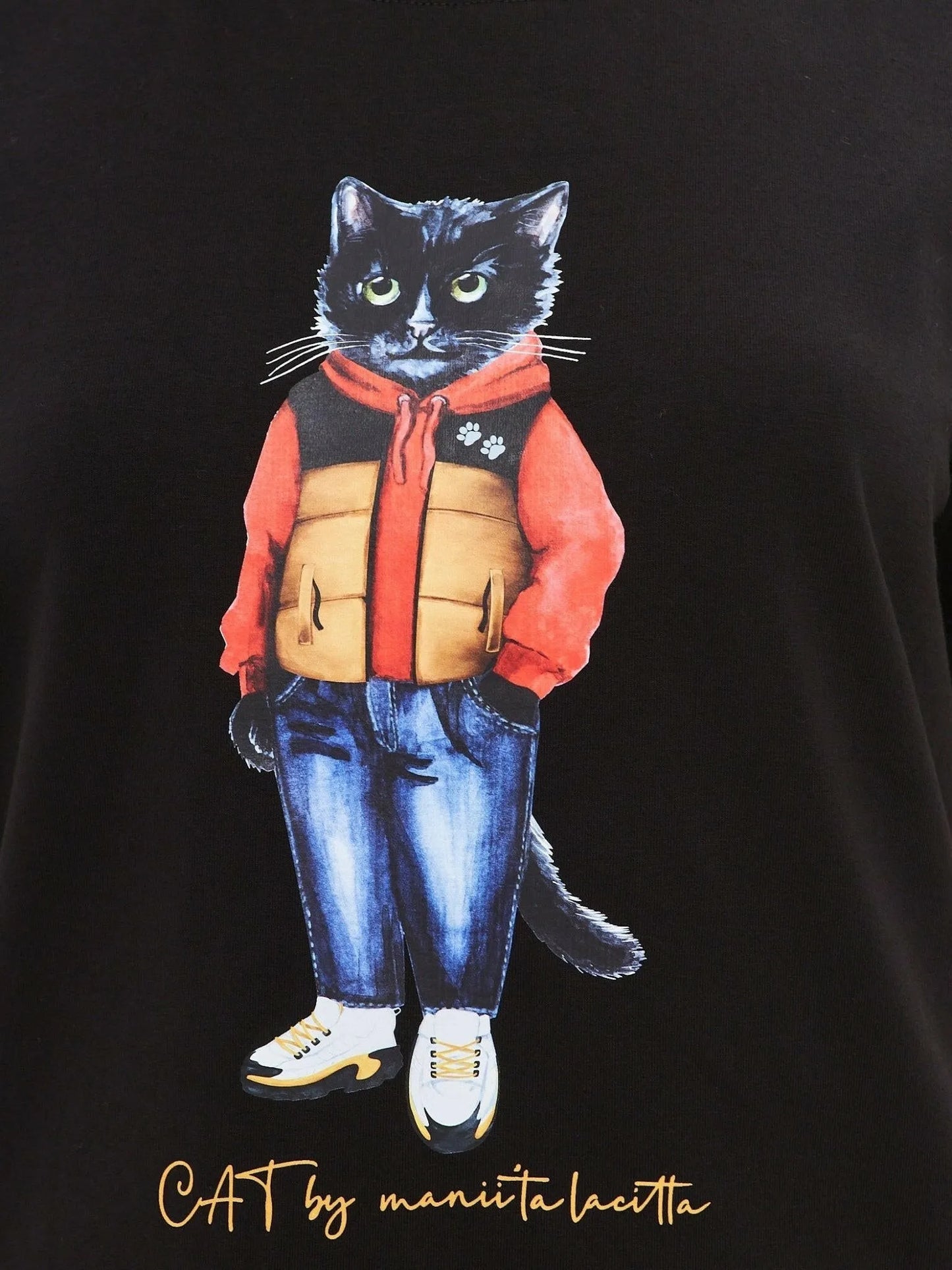 Black Printed T-shirt SPORT CASUAL CAT - Maniita Lacitta