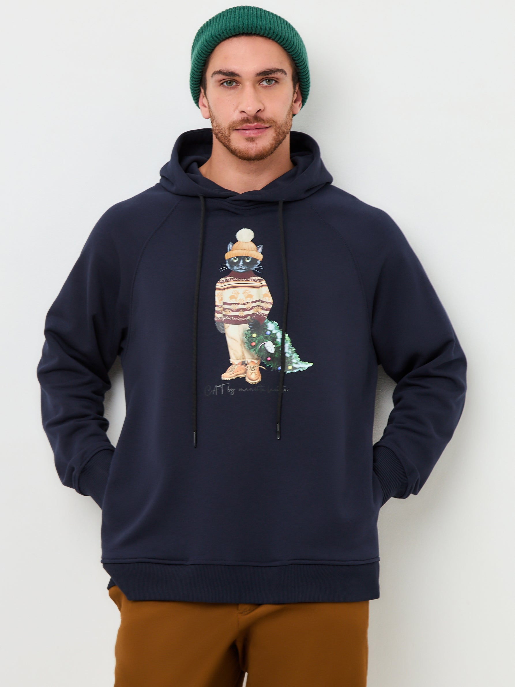 Blue Printed Hoodie CHRISTMAS CAT - Maniita Lacitta