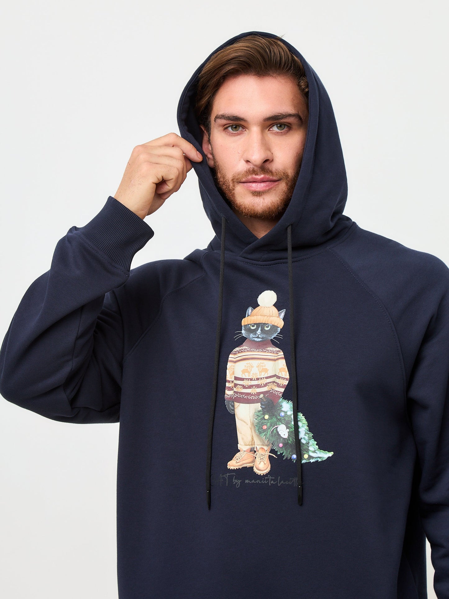 Blue Printed Hoodie CHRISTMAS CAT - Maniita Lacitta