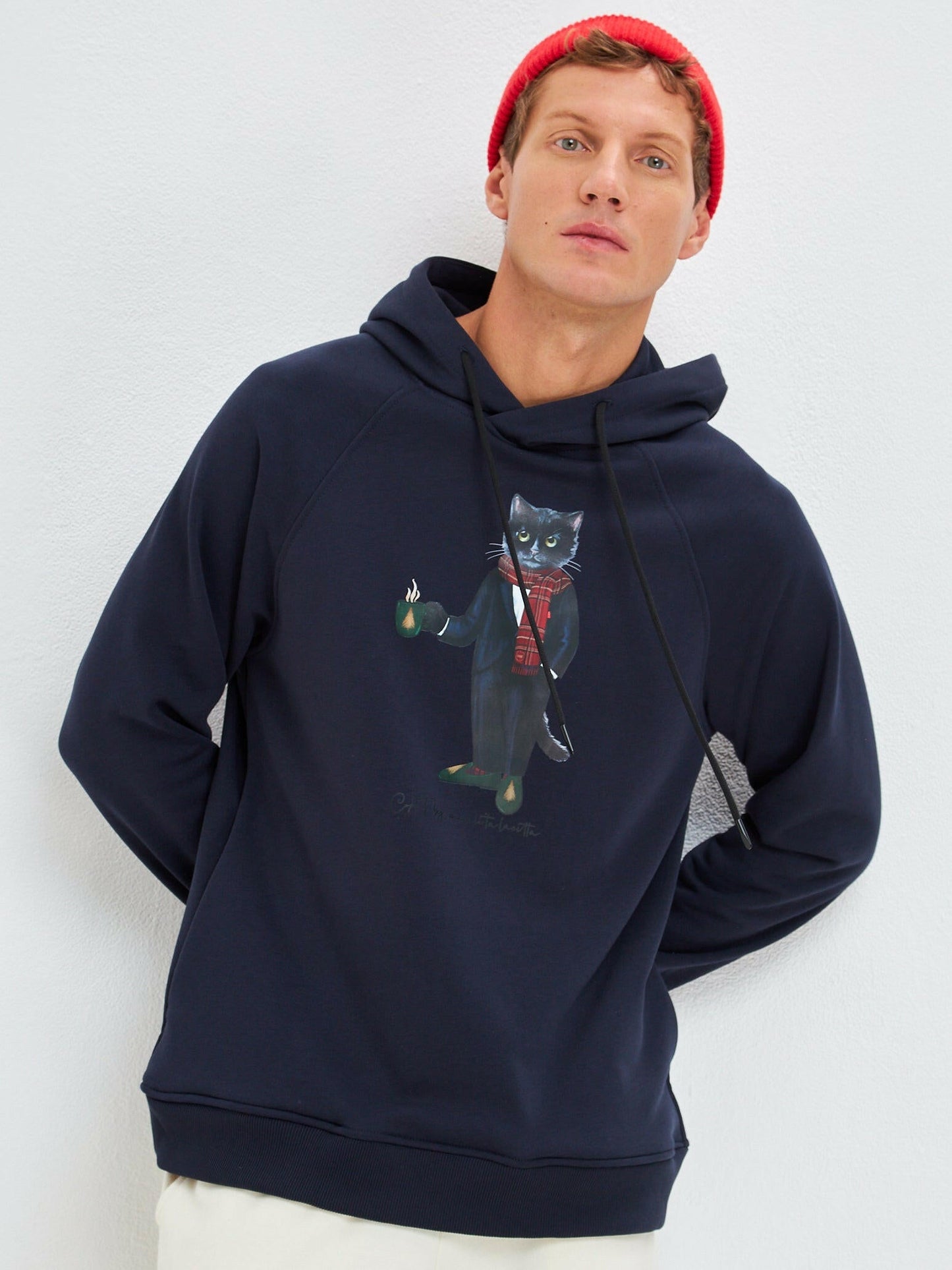 Blue Printed Hoodie NEW YEAR CAT - Maniita Lacitta