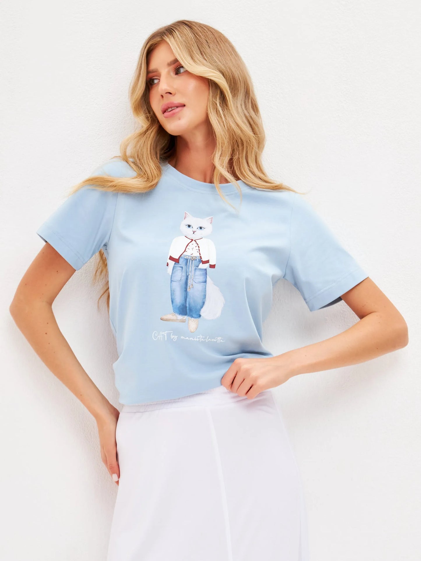 Blue Printed T-shirt CHERRY CAT - maniita lacitta