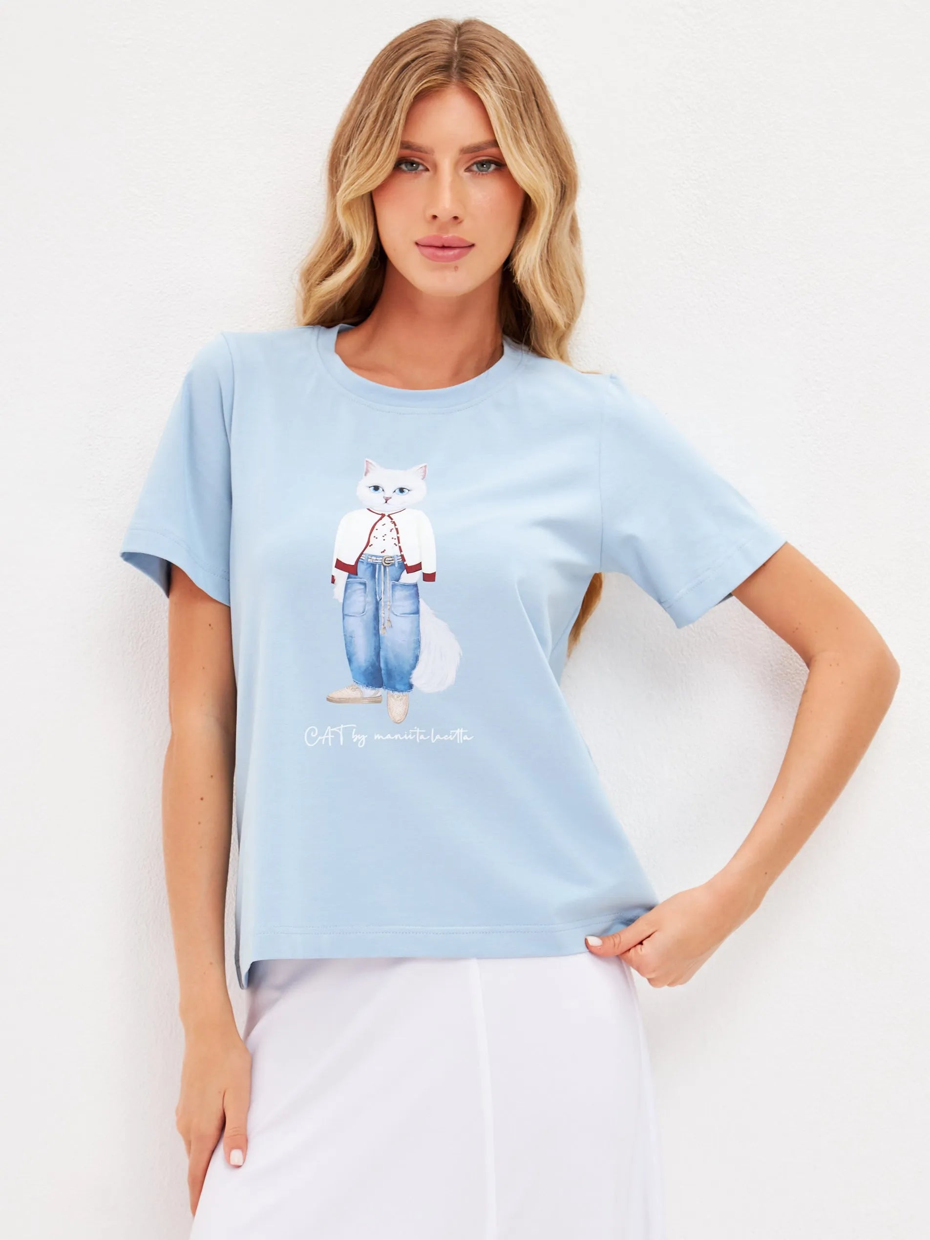 Blue Printed T-shirt CHERRY CAT - maniita lacitta