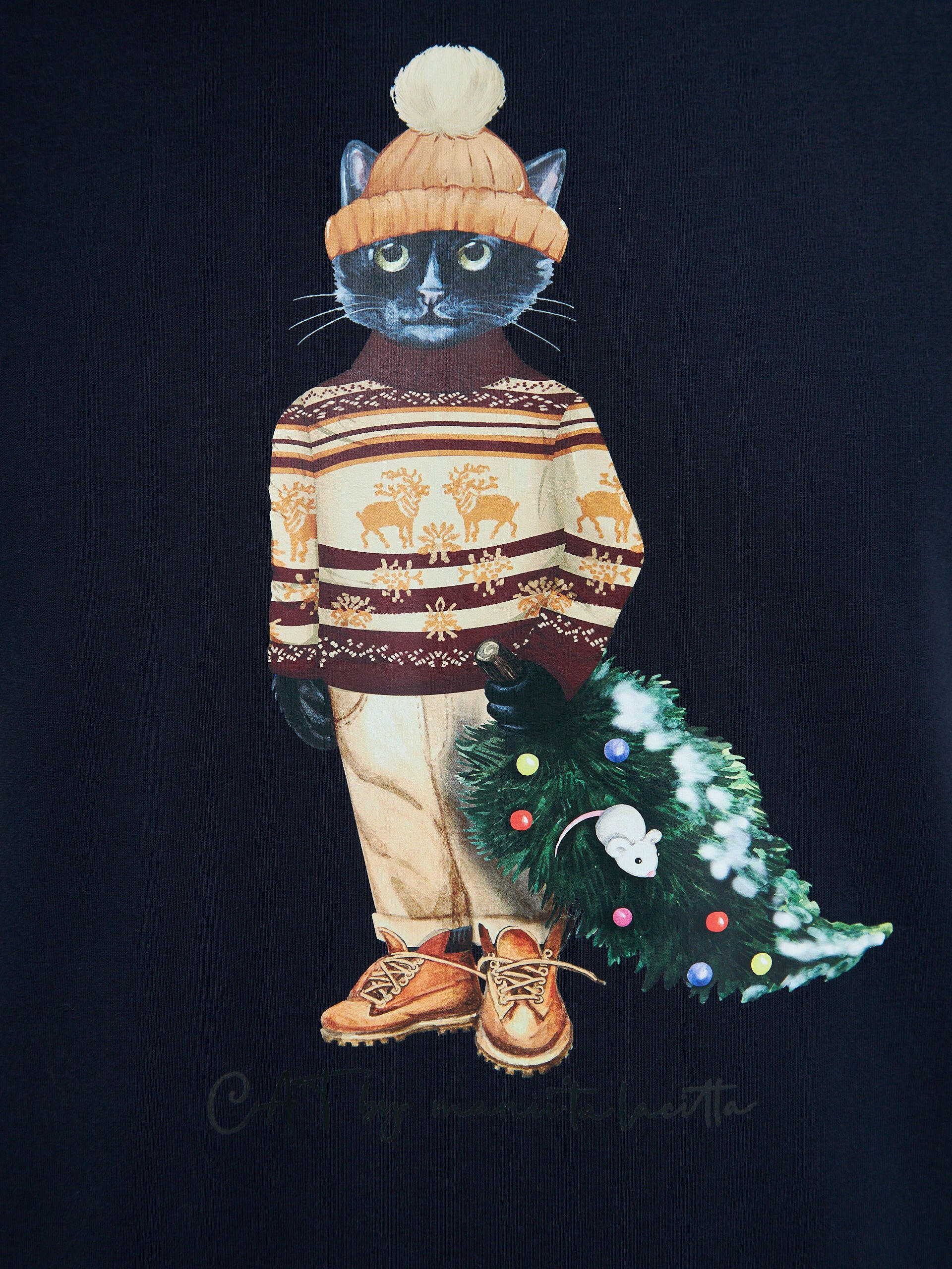 Blue Printed T-shirt CHRISTMAS CAT - Maniita Lacitta