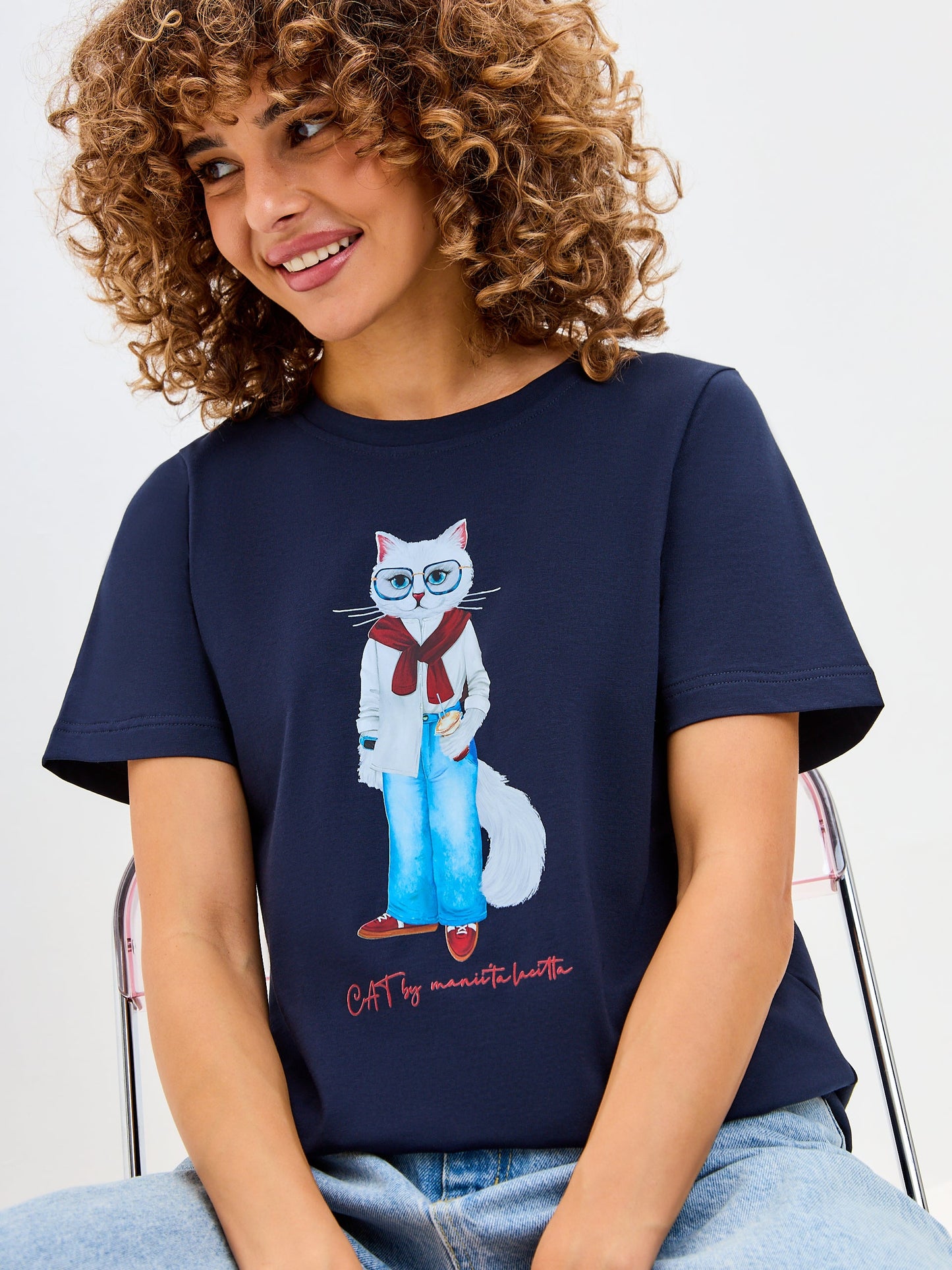 Blue Printed T-shirt COFFEE CAT - Maniita Lacitta