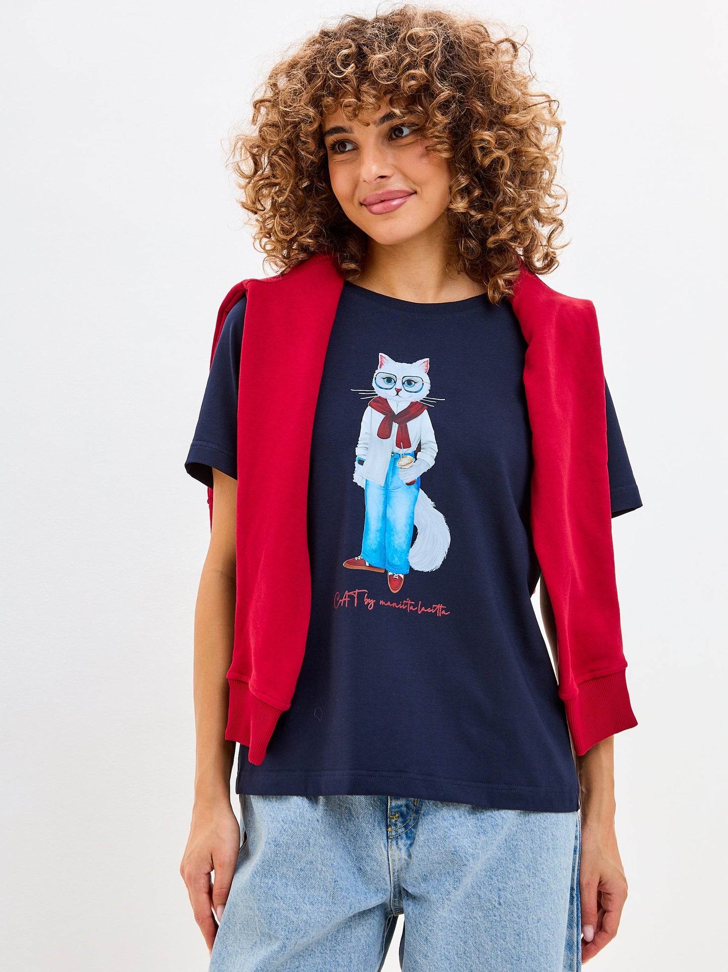 Blue Printed T-shirt COFFEE CAT - Maniita Lacitta