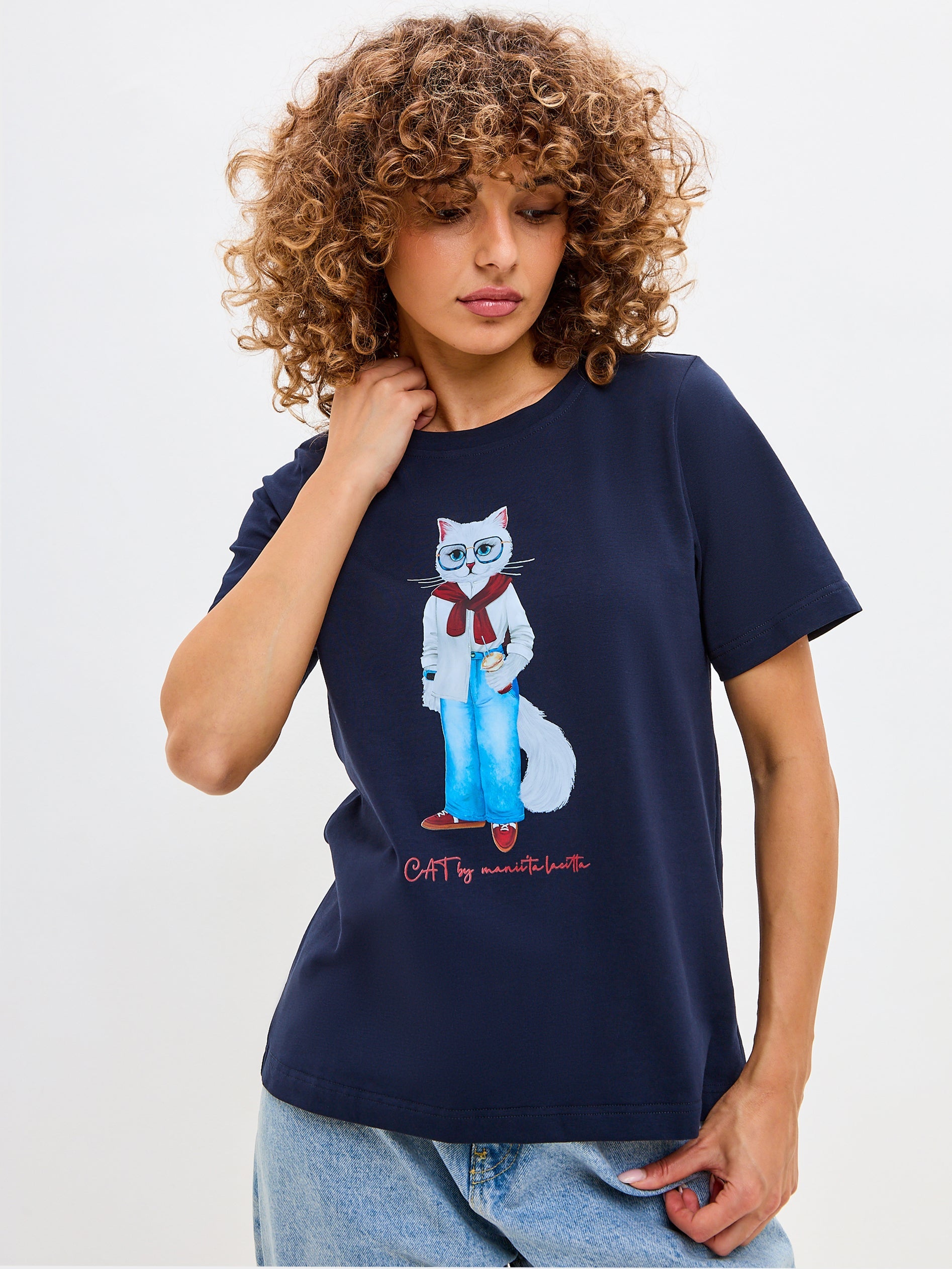 Blue Printed T-shirt COFFEE CAT - Maniita Lacitta