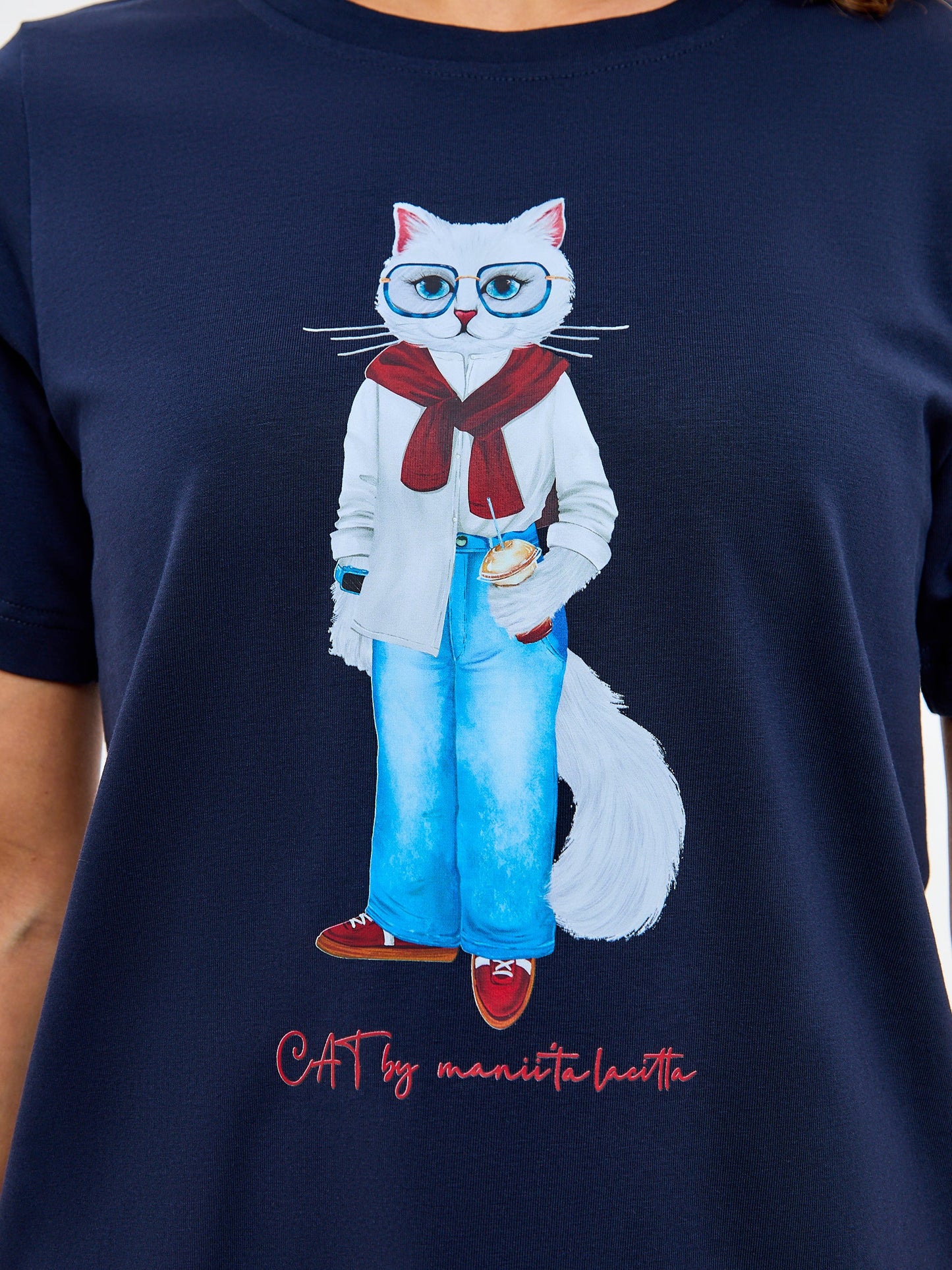 Blue Printed T-shirt COFFEE CAT - Maniita Lacitta