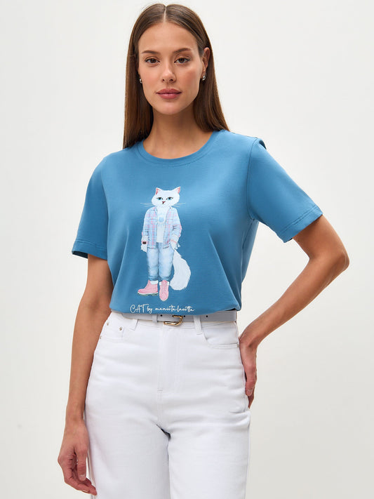 Blue Printed T-shirt COUNTRY WHITE CAT - Maniita Lacitta