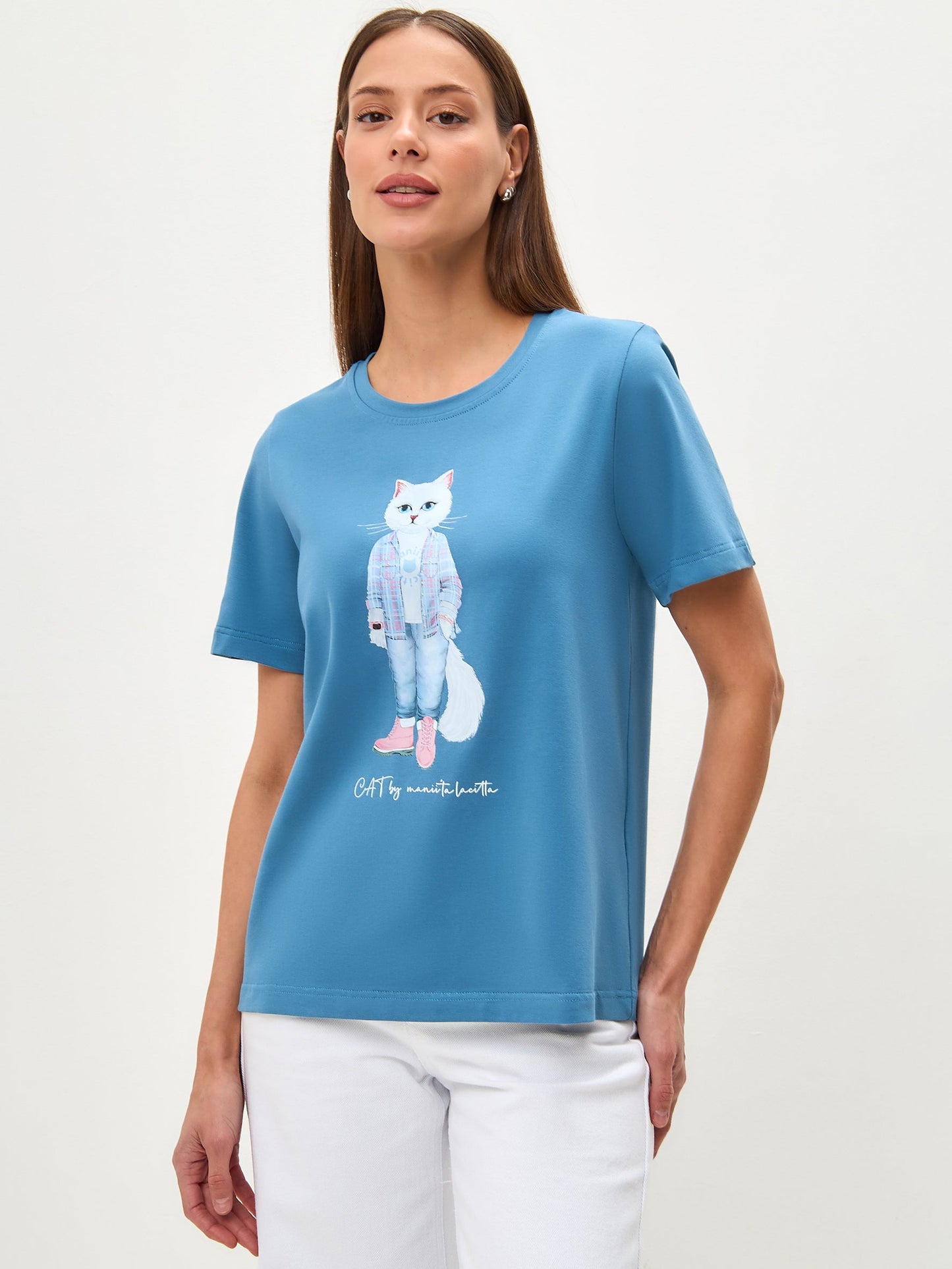 Blue Printed T-shirt COUNTRY WHITE CAT - Maniita Lacitta