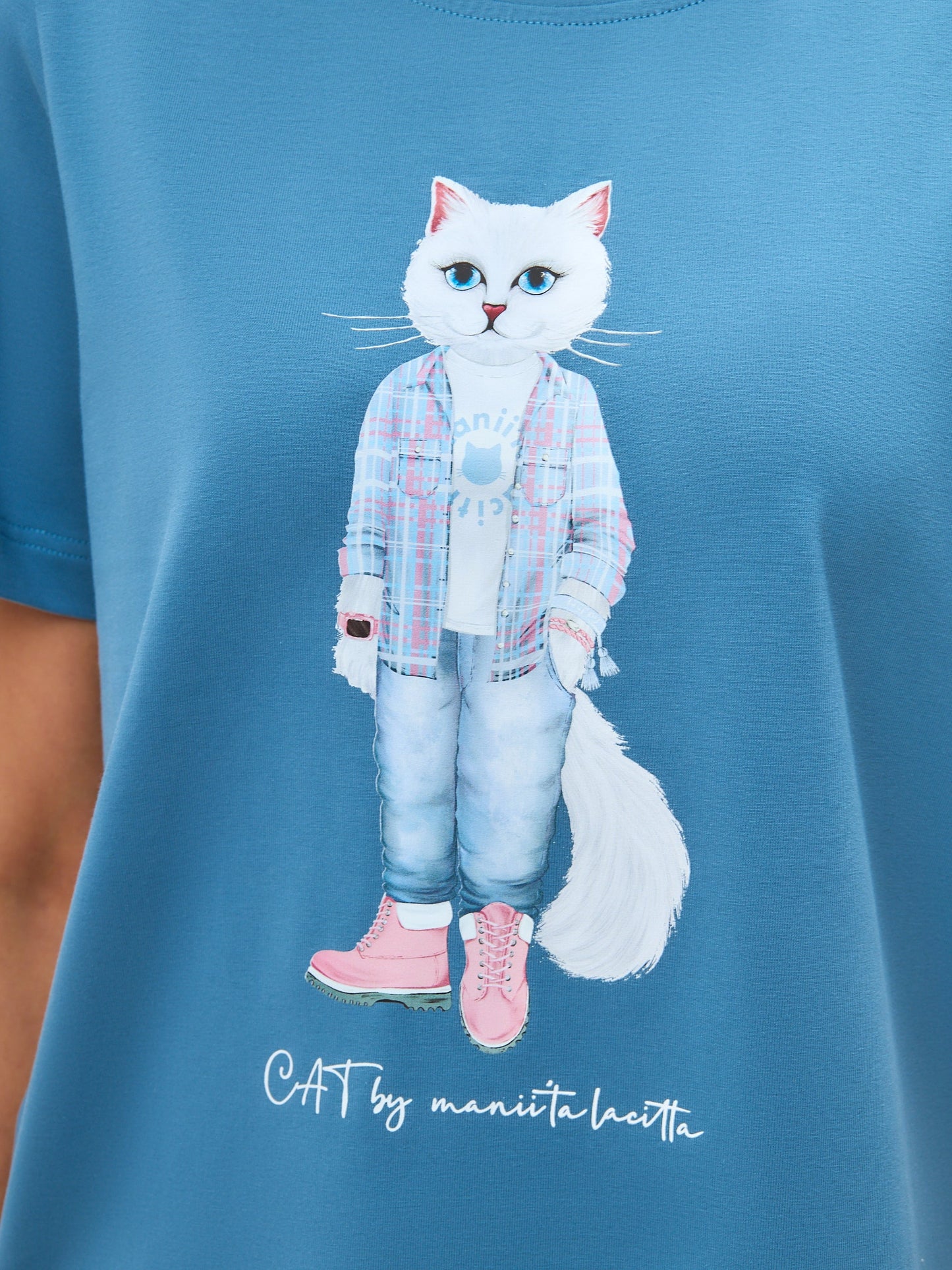 Blue Printed T-shirt COUNTRY WHITE CAT - Maniita Lacitta